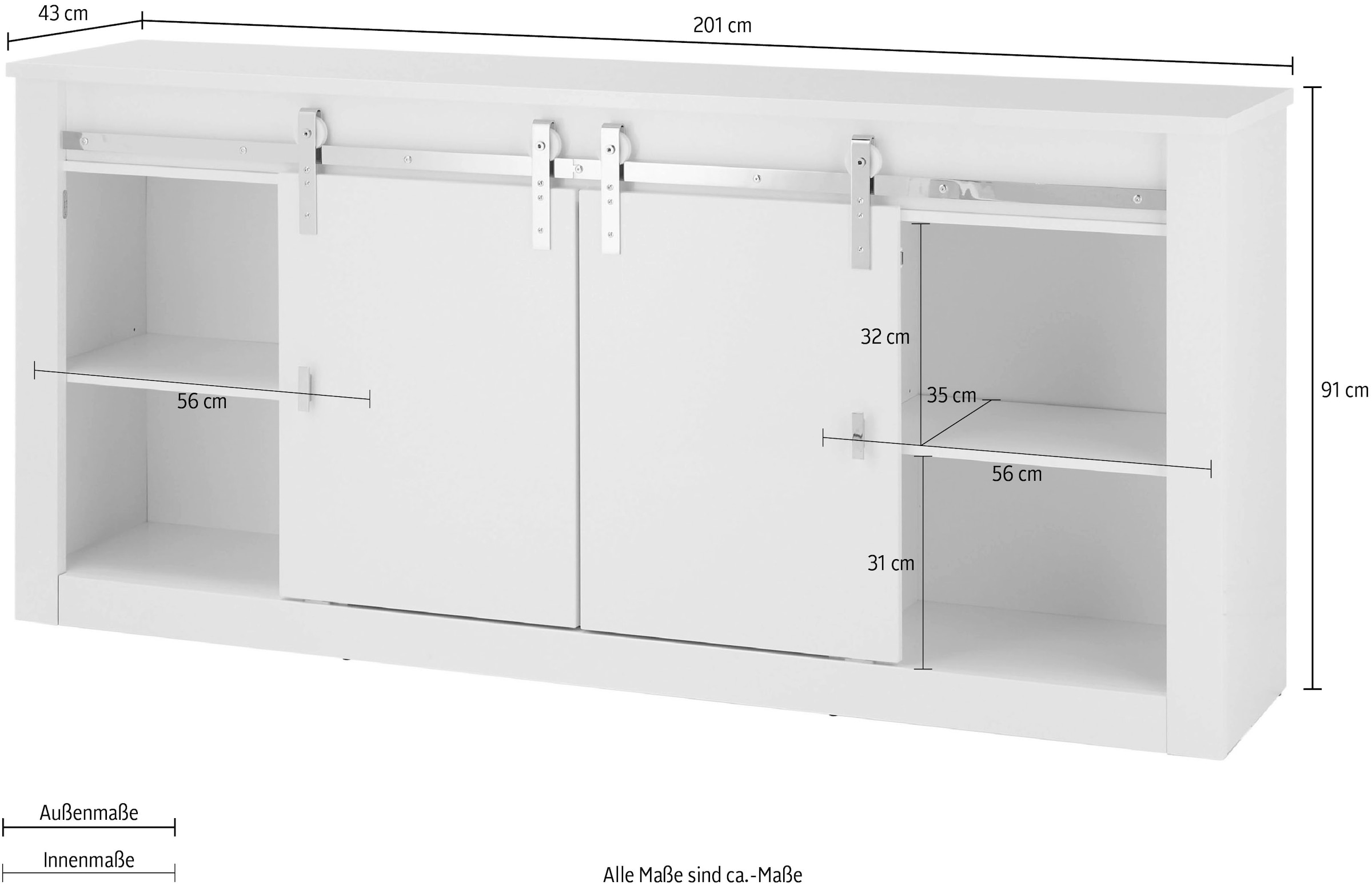 Home affaire Sideboard »Daytona, moderner Schrank, zeitlose Kommode, 201 cm breit« mit Schiebetürenbeschlag in Chrom-Optik, ausreichend Stauraum
