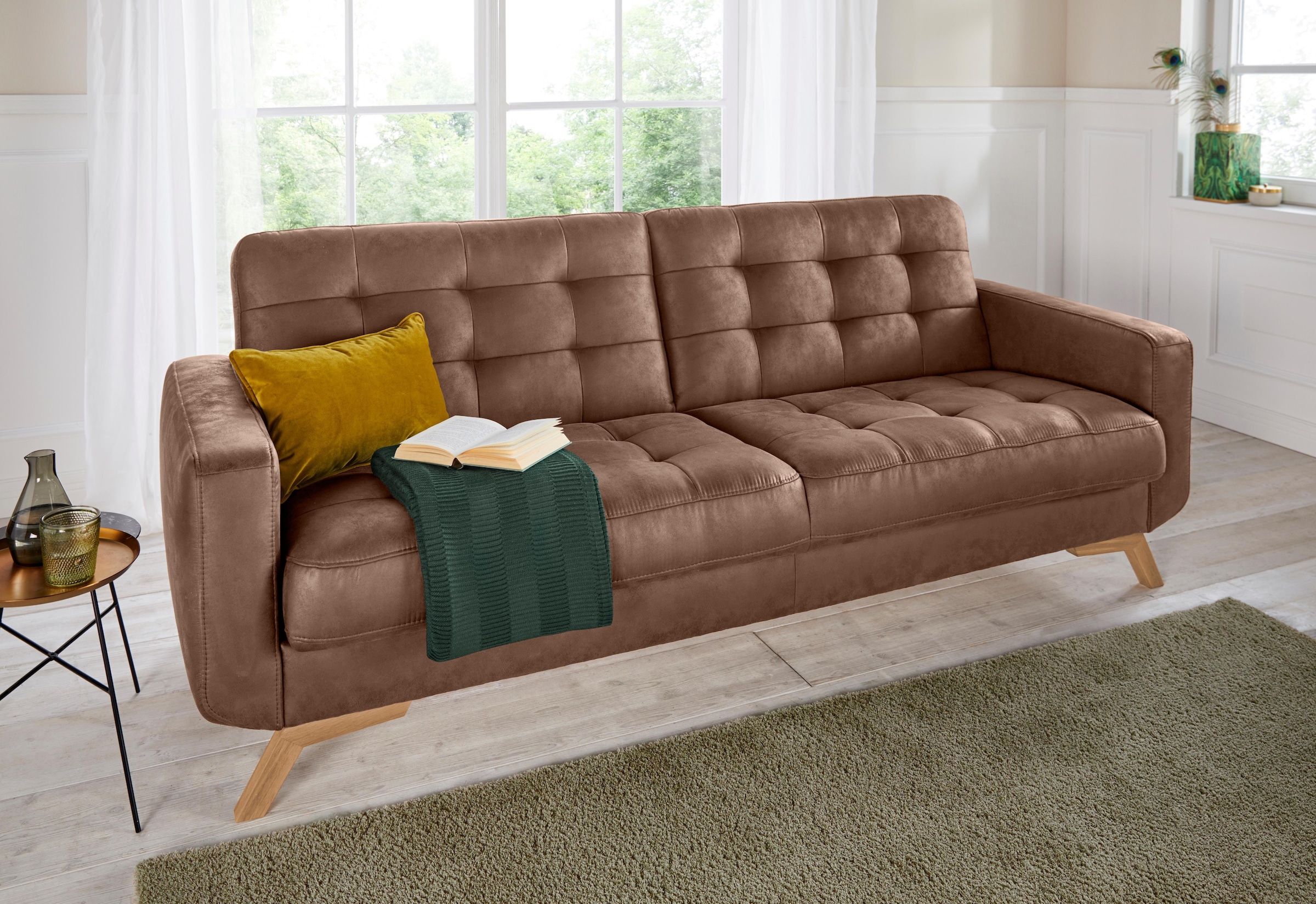 exxpo - sofa fashion 3-Sitzer »Fiord, aktuelles Design, tolle Detailverarbeitung im Sitz und Rücken«, bequem, wahlweise Kippcouch mit Bettfunktion und Bettkasten, Holzfuss