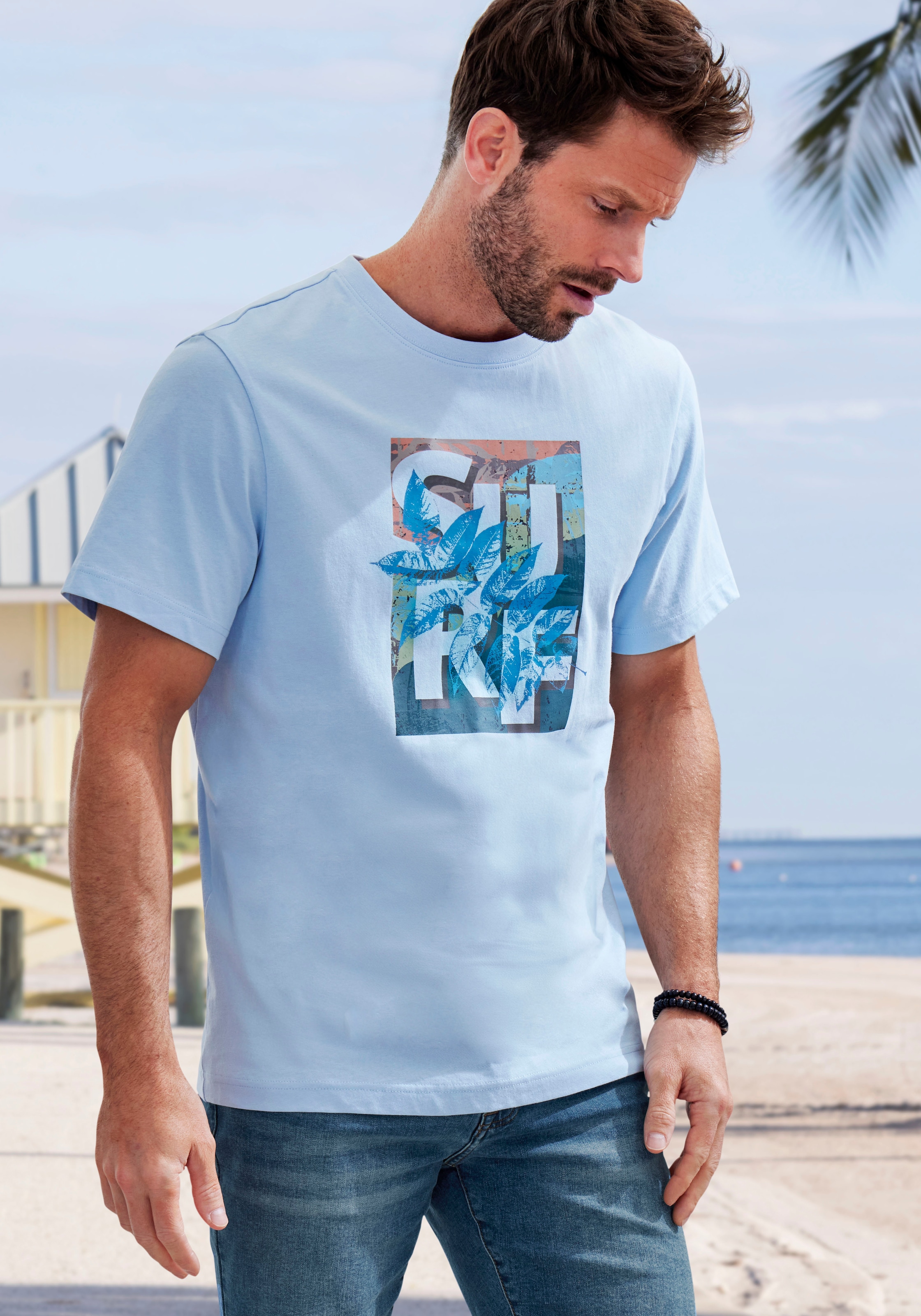 T-Shirt, Rundhalsshirt mit Surf -Aufdruck aus reiner Baumwolle