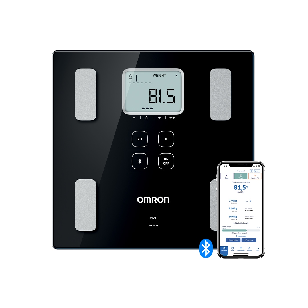 Image of Omron Körper-Analyse-Waage "VIVA misst Gewicht, Muskelmasse, Körper- & Viszeralfett, BMI & RMR" präzise Messung bis 180 kg, 4 Nutzer & Gastmodus, mit App