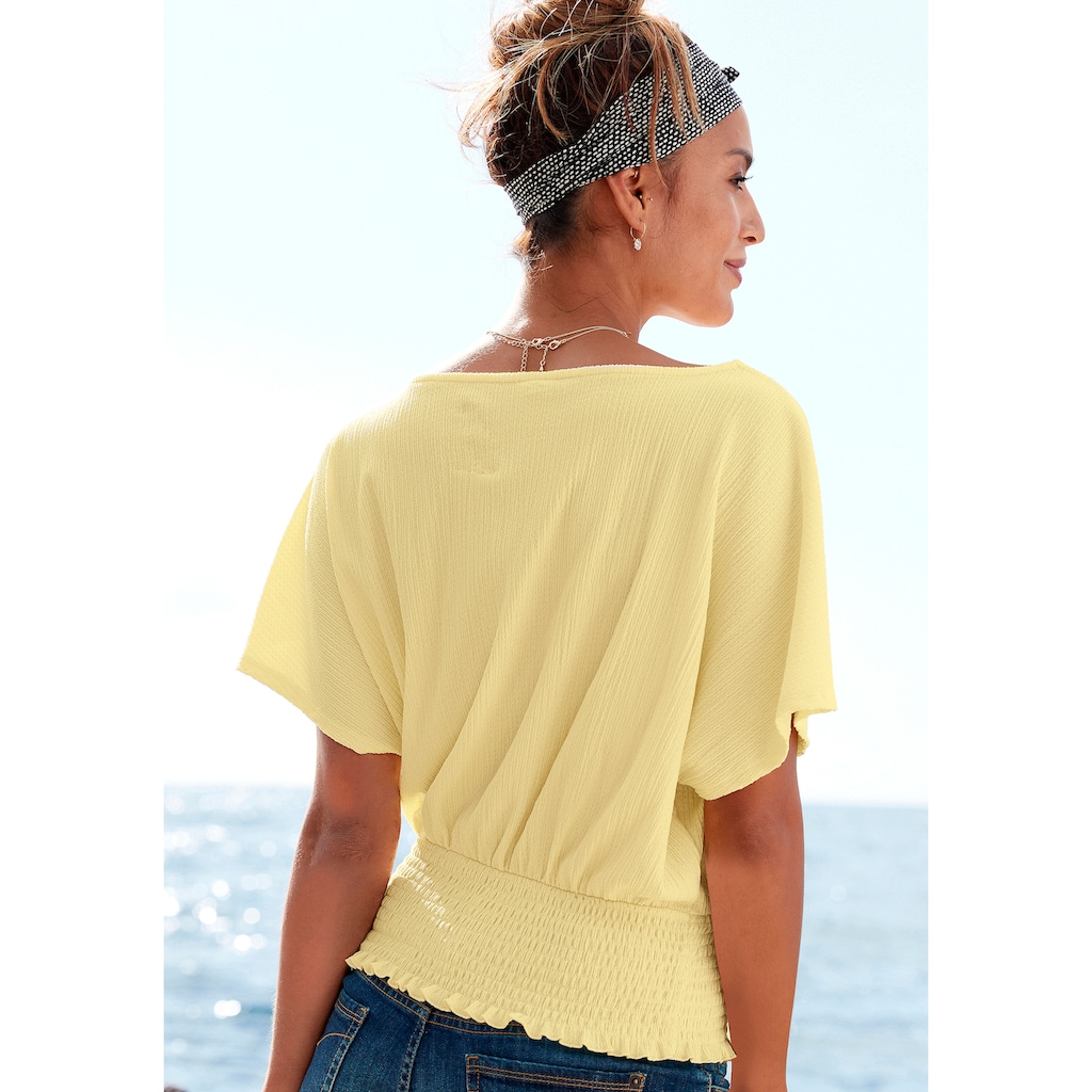 LASCANA V-Shirt, mit breitem Smoksaum und Kopfleiste, Blusenshirt, sommerlich