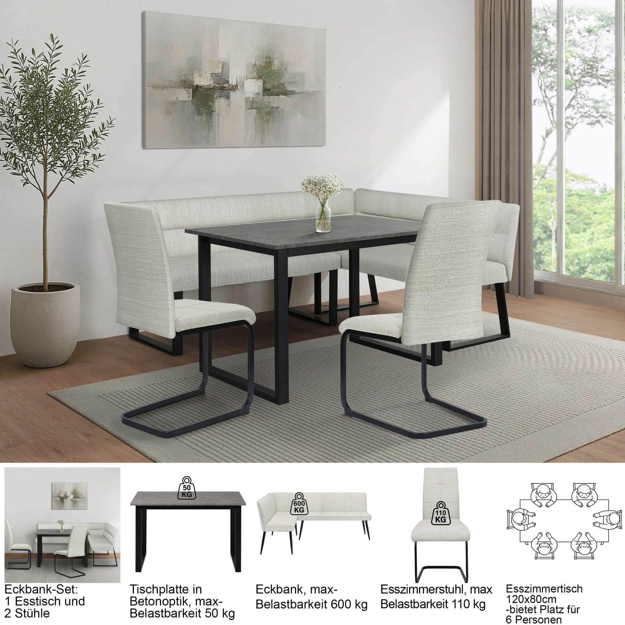 GOODproduct Eckbankgruppe »Barcell/Ivanna/Calgoty« Set, Eckbankgruppe mit Tisch, Eckbank, Stühle, 4 tlg. Sitzgruppe, Eckbank und Stühle bequem gepolstert, Tisch 120x80 cm