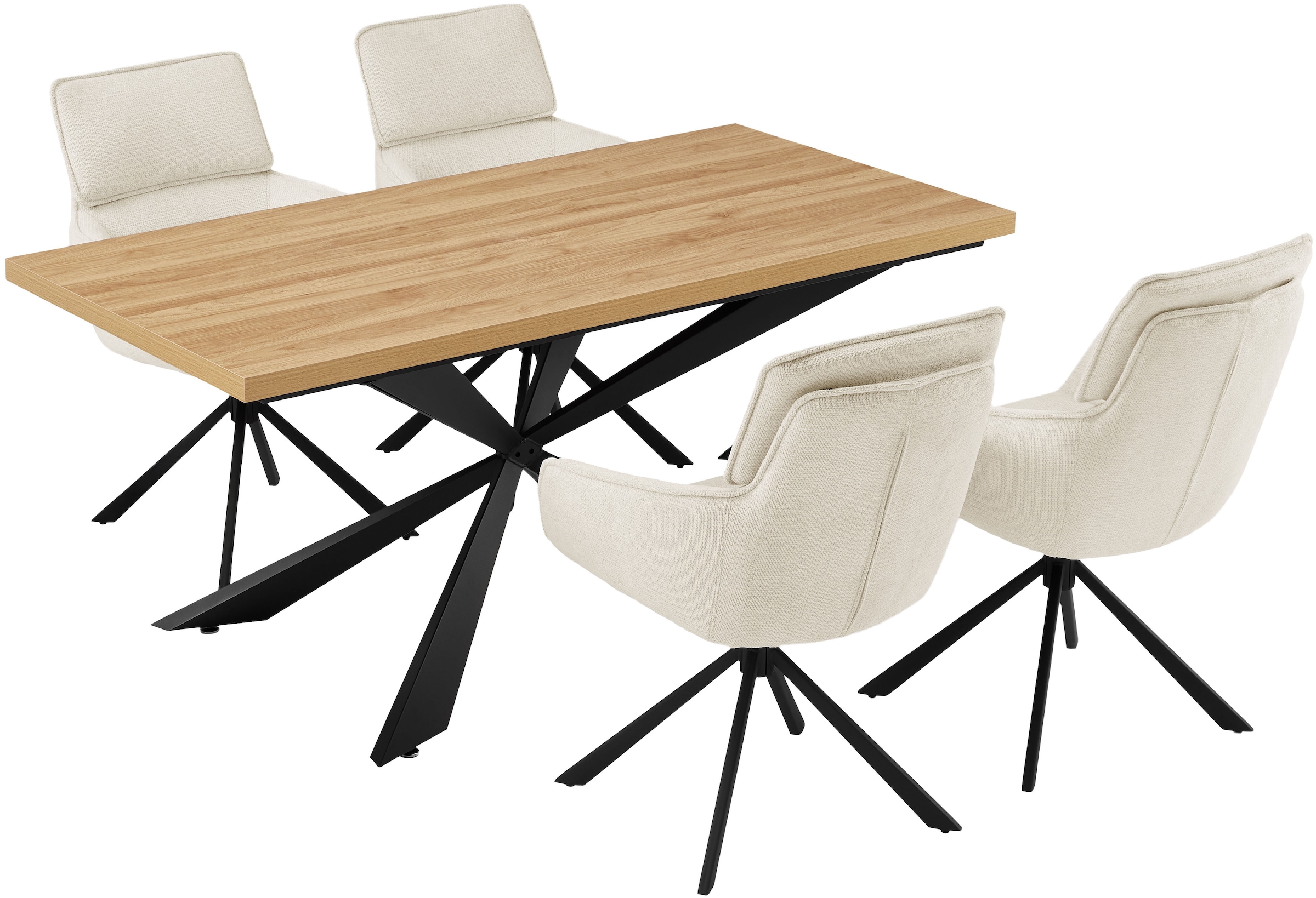 GOODproduct Ensemble de salle à manger »Cusey, besteht aus einem Esstisch und vier Stühlen« Set, Stühle drehbar, Esstisch 160 cm, 4 cm starke Tischplatte, 5 cuis tlg. kratzfester Tisch in Holzoptik, drehbare Stühlen, atmungsaktivem Stoff
