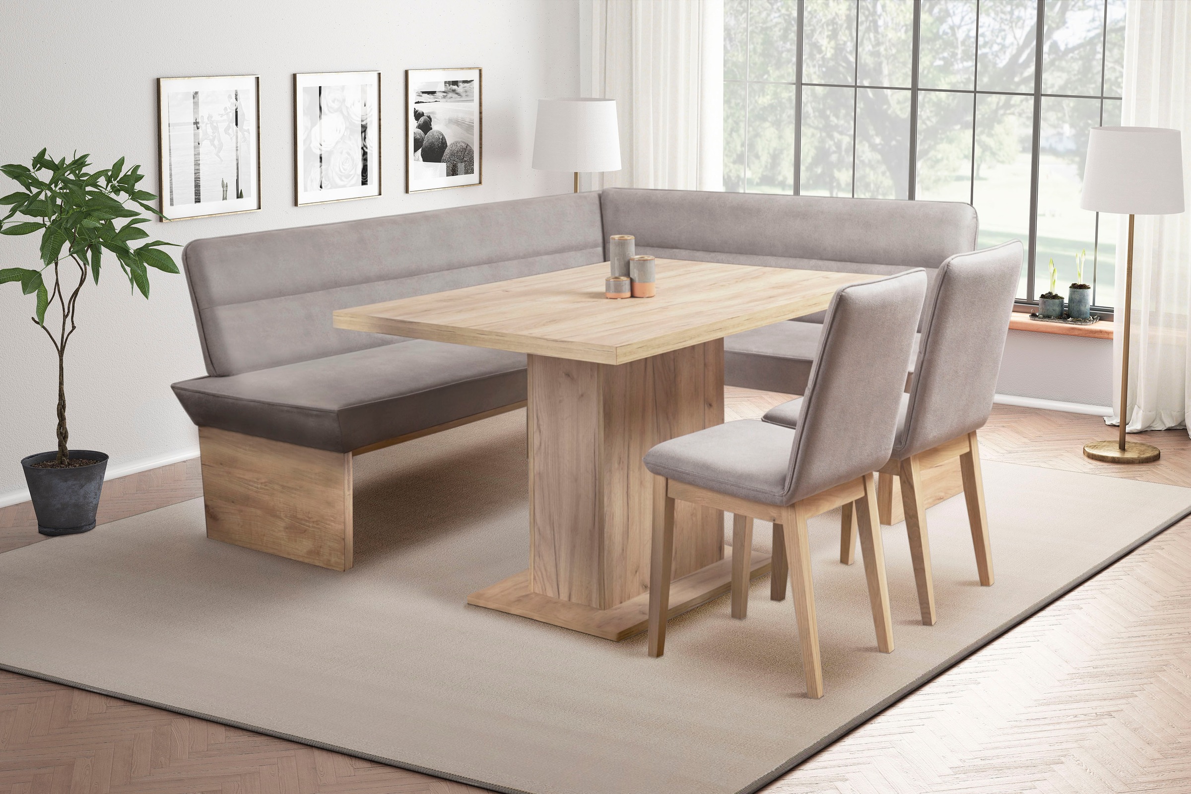 Image of GOODproduct Eckbankgruppe "Beluna + Cross Essecke Sitzgruppe Eckbank Küchenbank" Set, Eckbank, 2 Stühle und Tisch, 4 Stk. tlg. Sitzgruppe Esszimmer Stühle Tisch und Bank bequem gepolstert