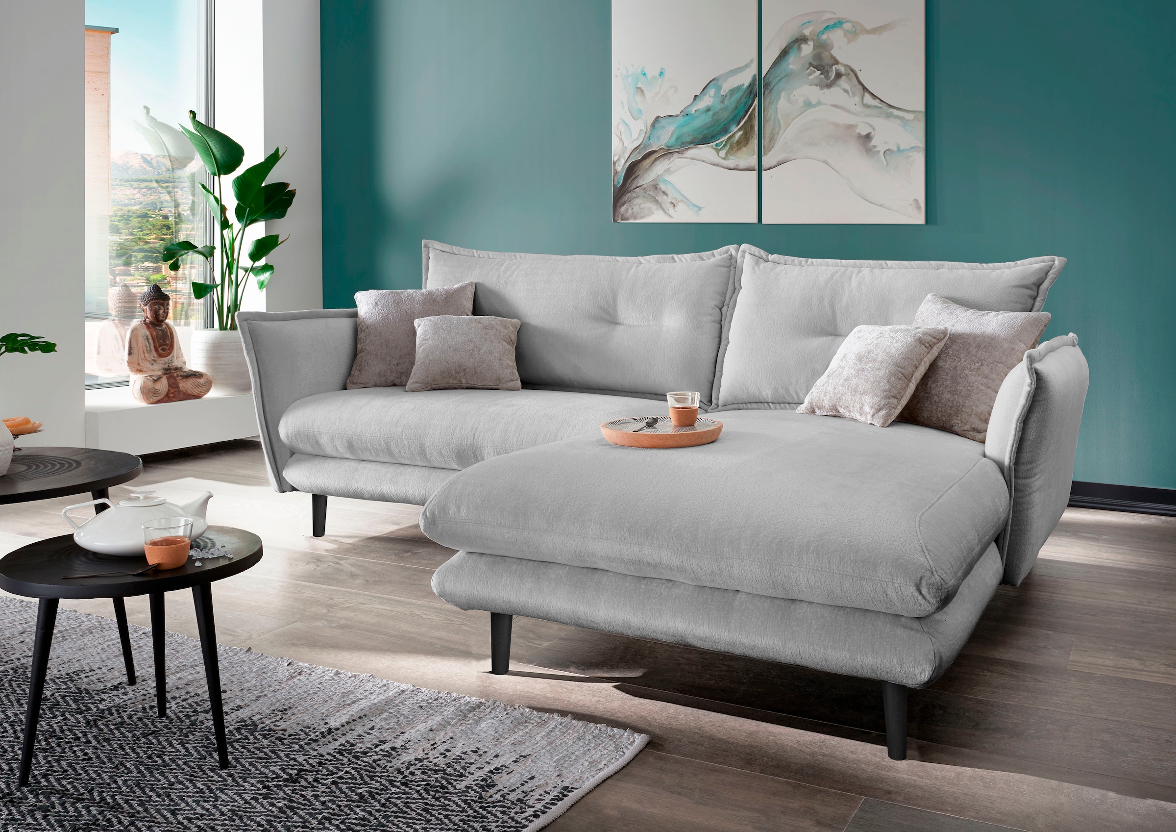Image of Home affaire Ecksofa "Levke, aktuelles Design: Kissen Optik, Holzfuss anthrazit, bequem" Webstoff, L-Form, inkl. Rücken- und Zierkissen