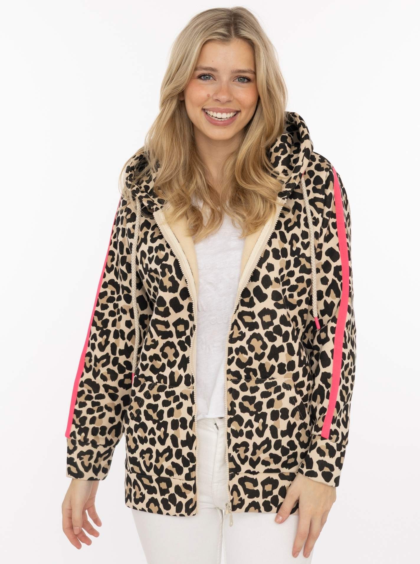 Image of Zwillingsherz Kapuzensweatjacke ""Leo Stripe"" Leomuster, pinker Streifen am Arm, Kapuze mit Kordel, Tasche, Zipper