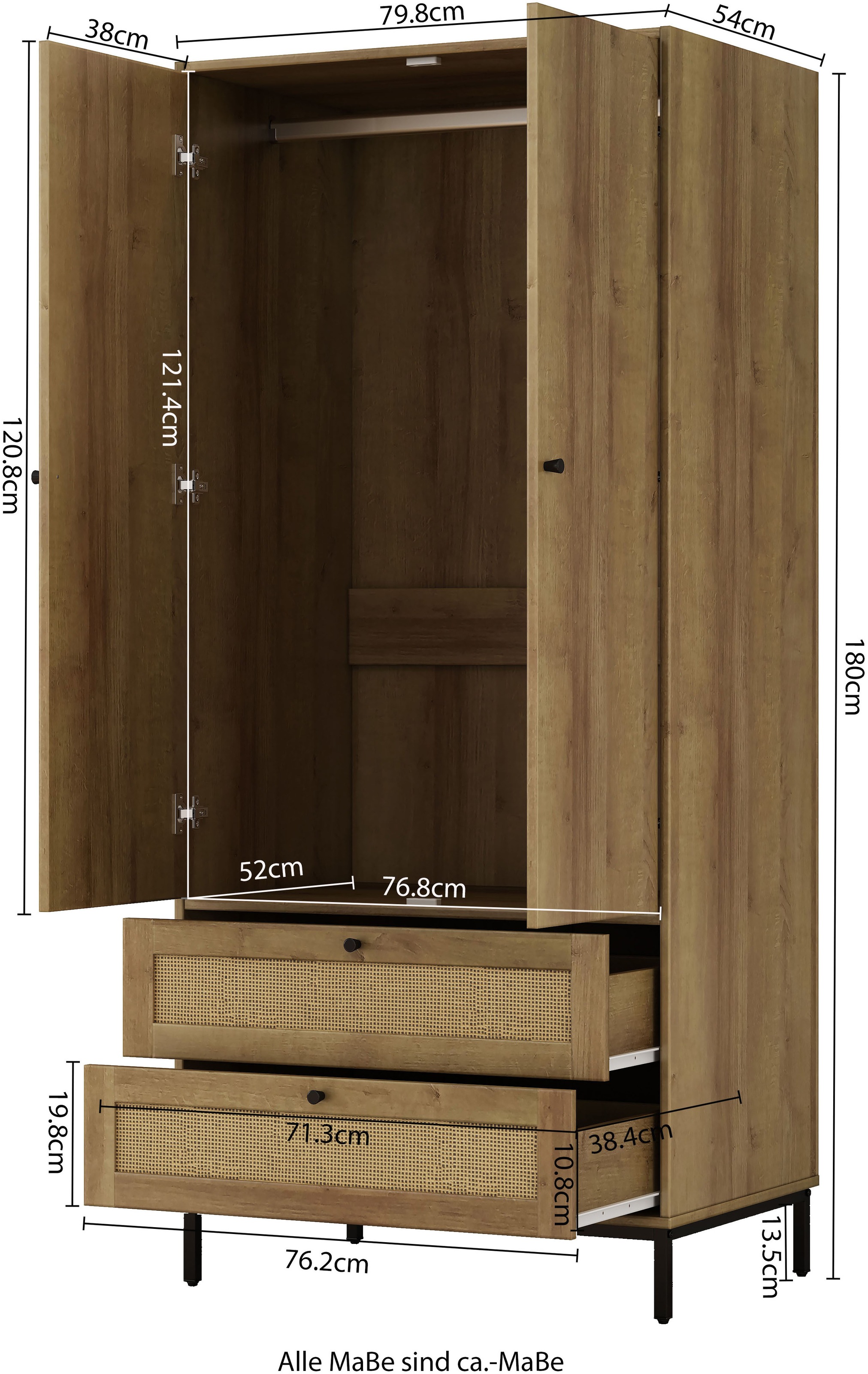 GOODproduct Armoires à vêtements »Motala Schlafzimmerschrank Garderobe Boho Eichen-Design Bestseller« Moderne schwarze Griffe, Schublade mit Geflecht,  Schlafzimmerschrank mit 2 Türen und 2 Schubladen