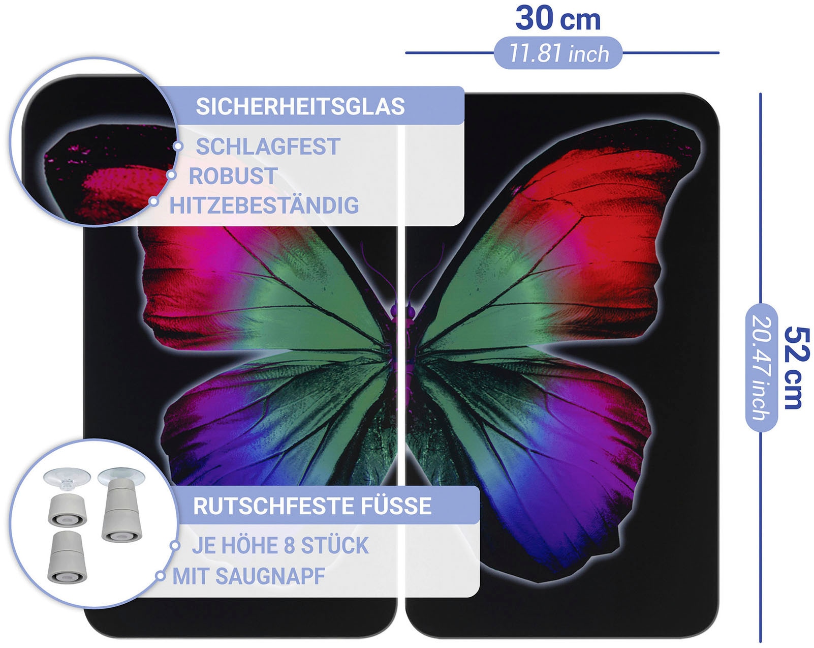 WENKO Herd-Abdeckplatte »Universal Modell Butterfly by Night«, (Set, 2 tlg.), Herdabdeckung für alle Herdarten, kratzfest, mit rutschfesten Füssen