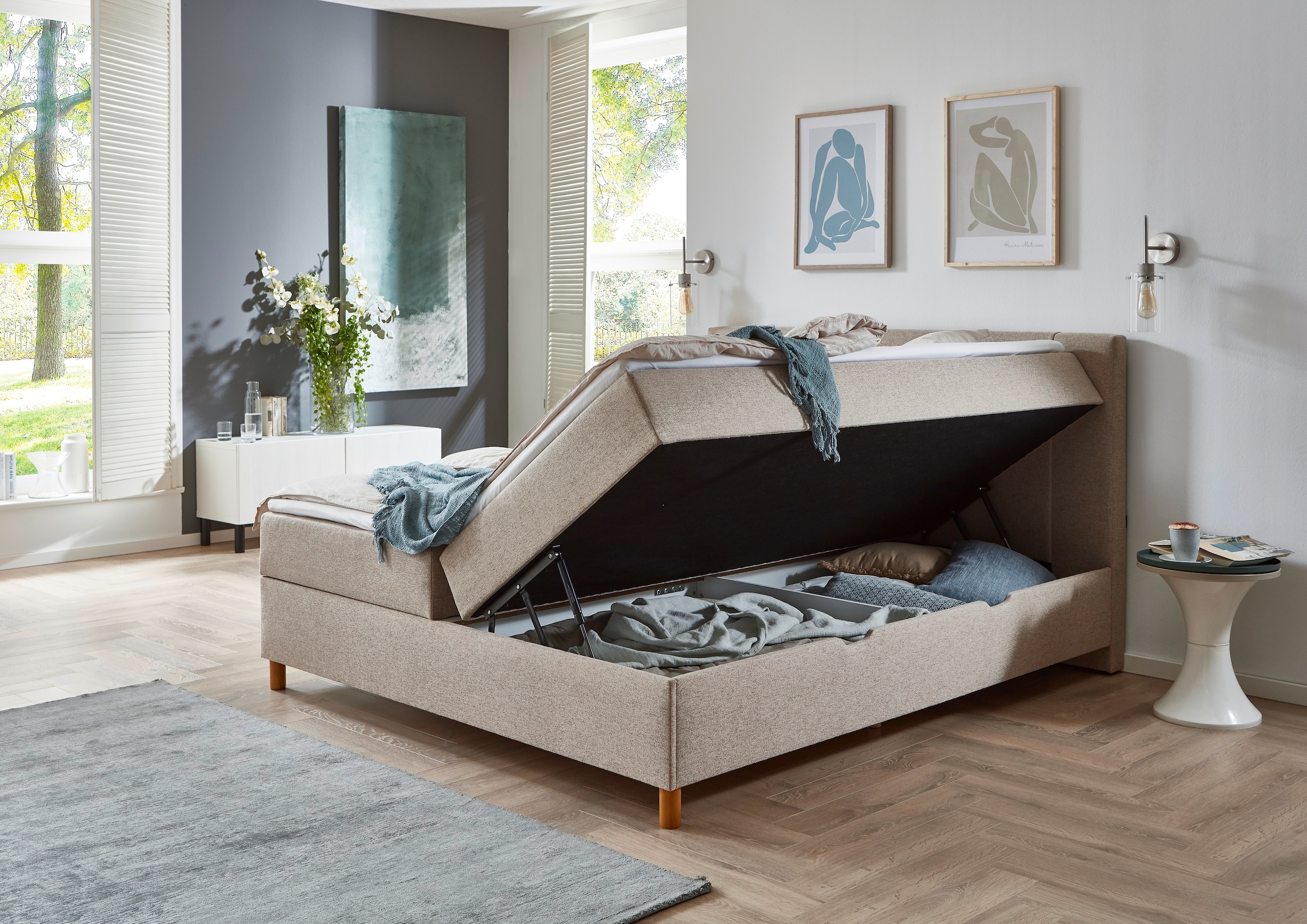 INOSIGN Boxbett »Escalon II, Boxbett mit Bettkasten, inklusive Topper«, Bett erhältlich in den Breiten 120x200cm und 180x200cm, mit Holzfüssen
