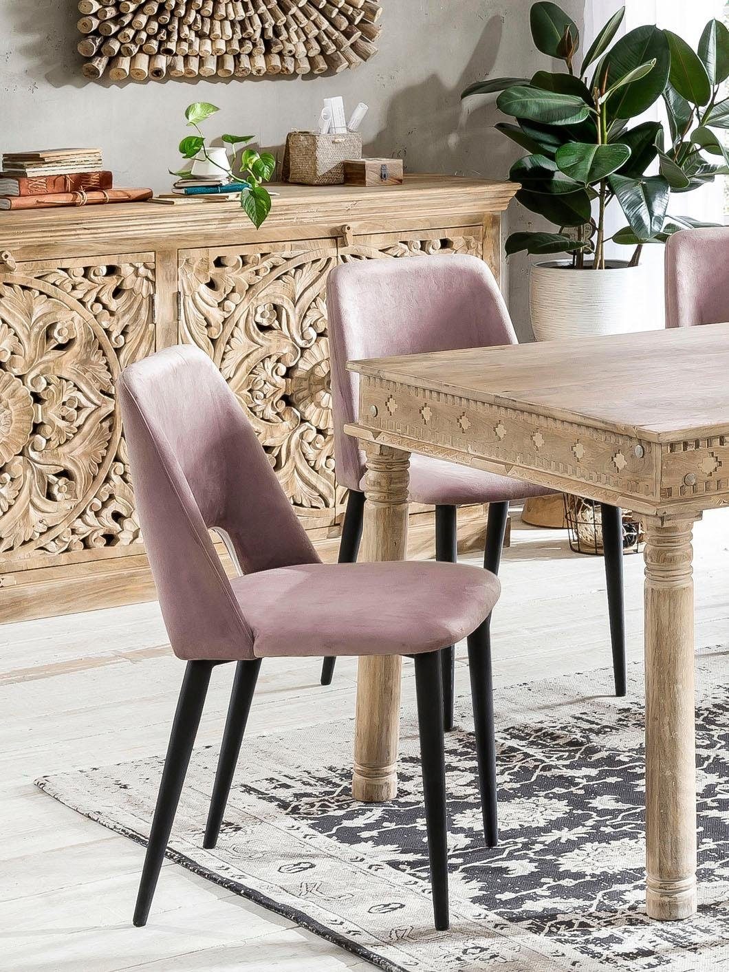 SIT Table de salle à manger »Kas aus Mangoholz mit aufwändigen Schnitzereien und 4 Beinen« Table à manger massive de style oriental avec ceinture décorative