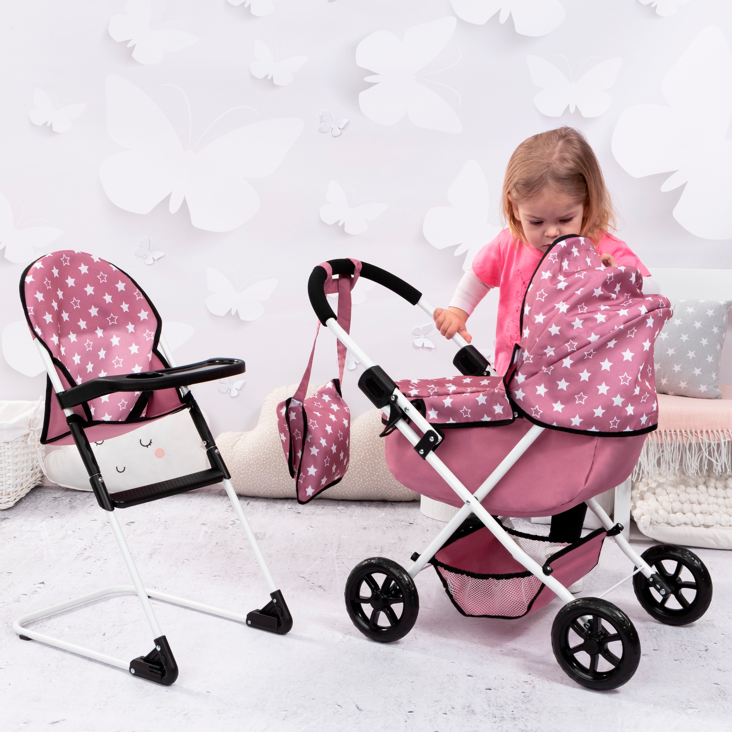 Bayer Puppenwagen »Cosy Set, altrosa« mit Puppenhochstuhl und Wickeltasche