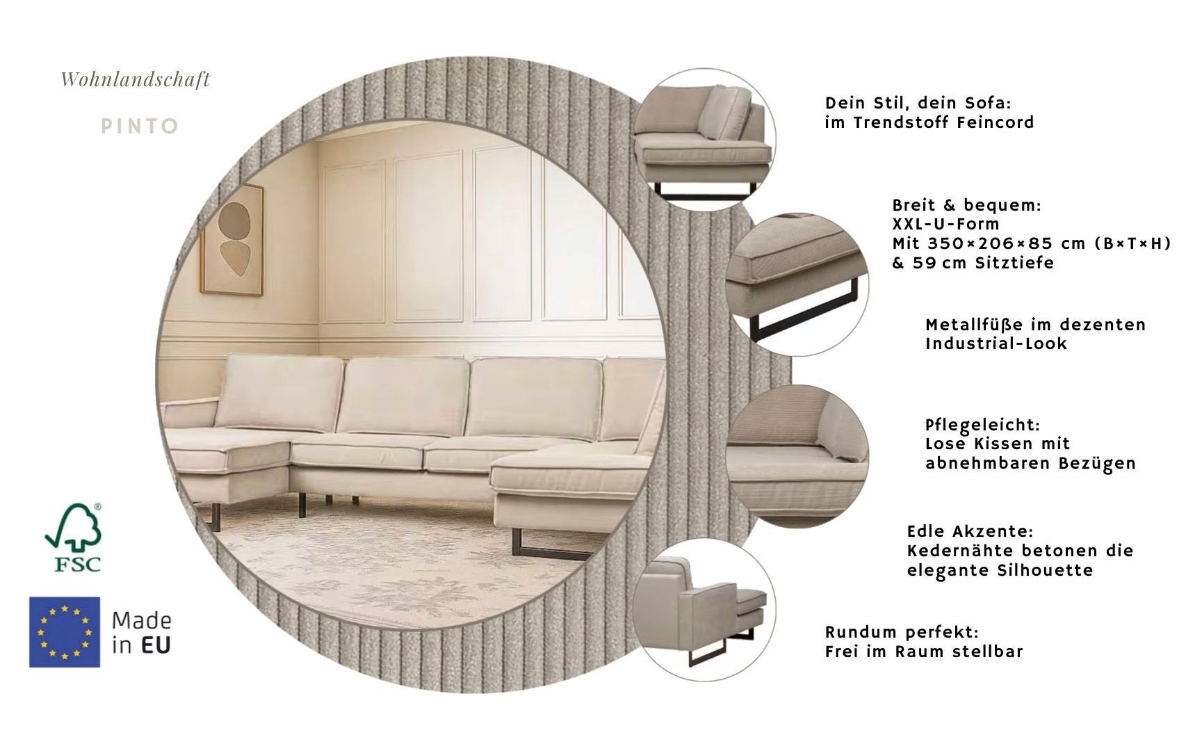 Home affaire Paysage de salon »Pinto, 350 cm, U-Form, XXL, mit Ottomanen« Cord, Chenille, Lederoptik, mit Keder, Metallfüsse, Wellenunterfederung