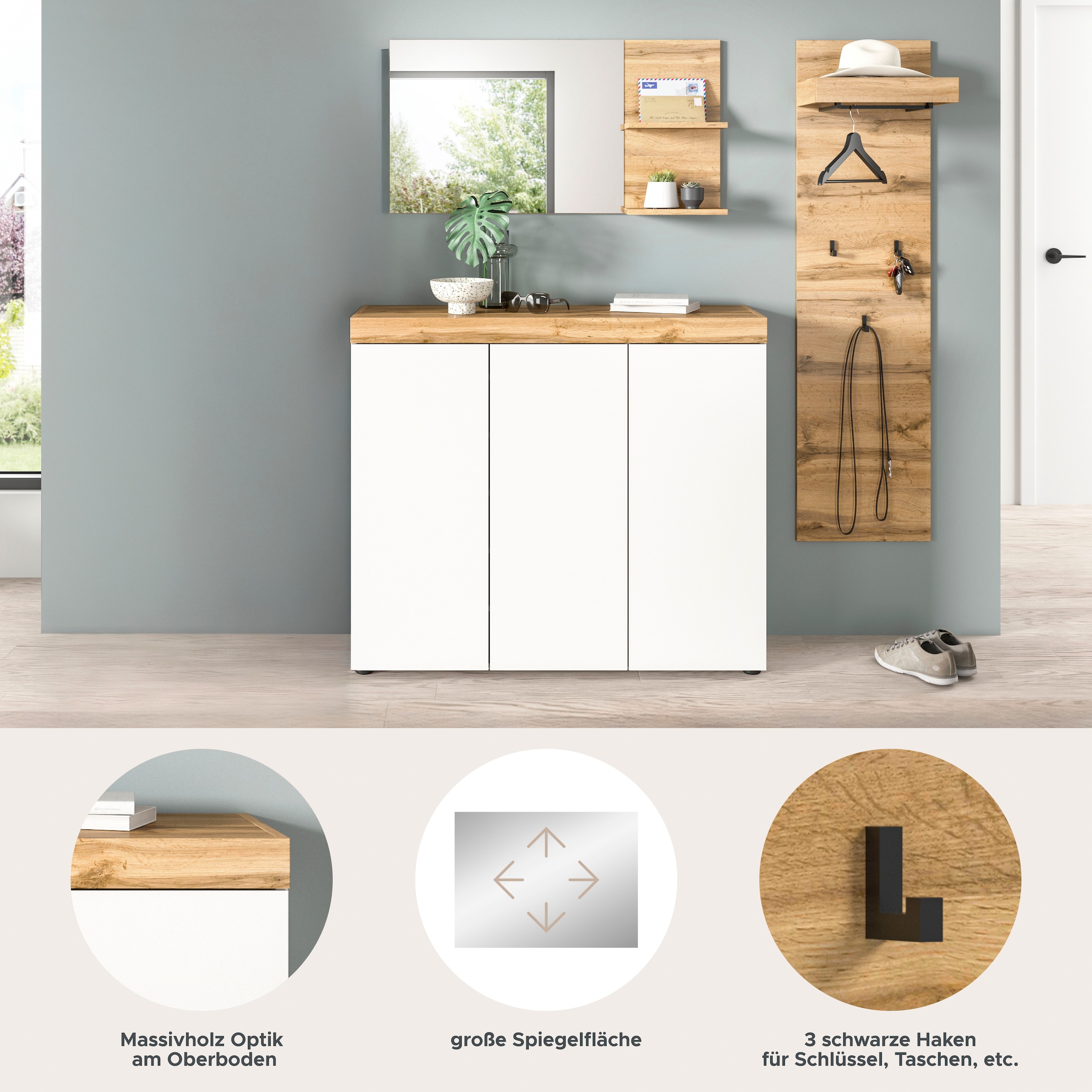 GOODproduct Ensemble de vestiaires »MAMBO, TOPSELLER!, 3-teilige Kombination, stehend & hängend montierbar« bestehend aus: Kommode, Spiegel, Garderobenpaneel, 3 cuis tlg.