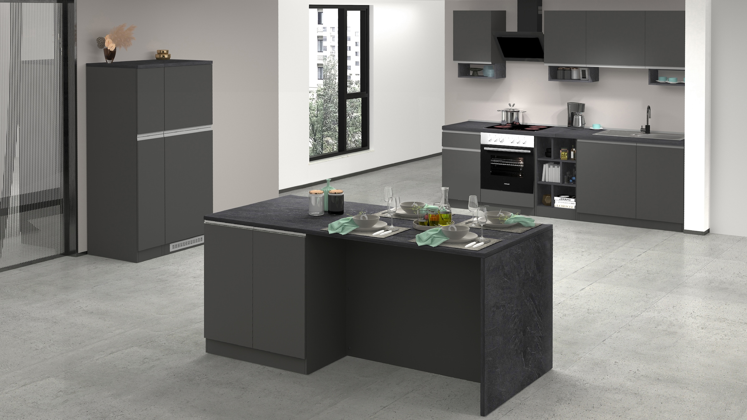 KOCHSTATION Ilot de cuisine »Sole,Kochinsel,Küchenarbeitsblock,Inselküche,Arbeitsinsel« Breite 200 cm mit 4 Türen,4 Fächer, Arbeitsplatte, Aluminiumgriff