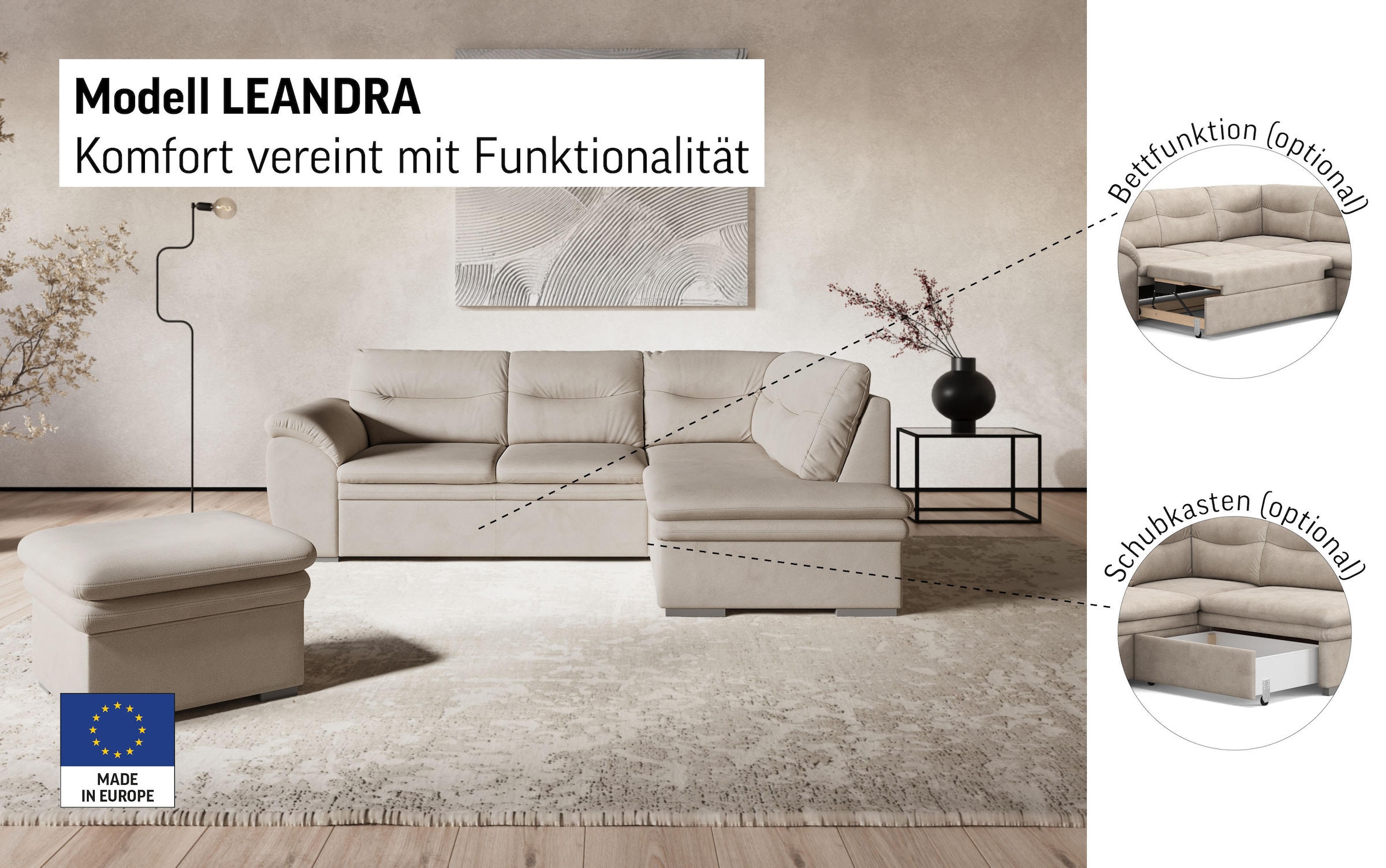 COTTA Canapé d'angle »Leandra L-Form« wahlweise mit Bettfunktion & Bettkasten