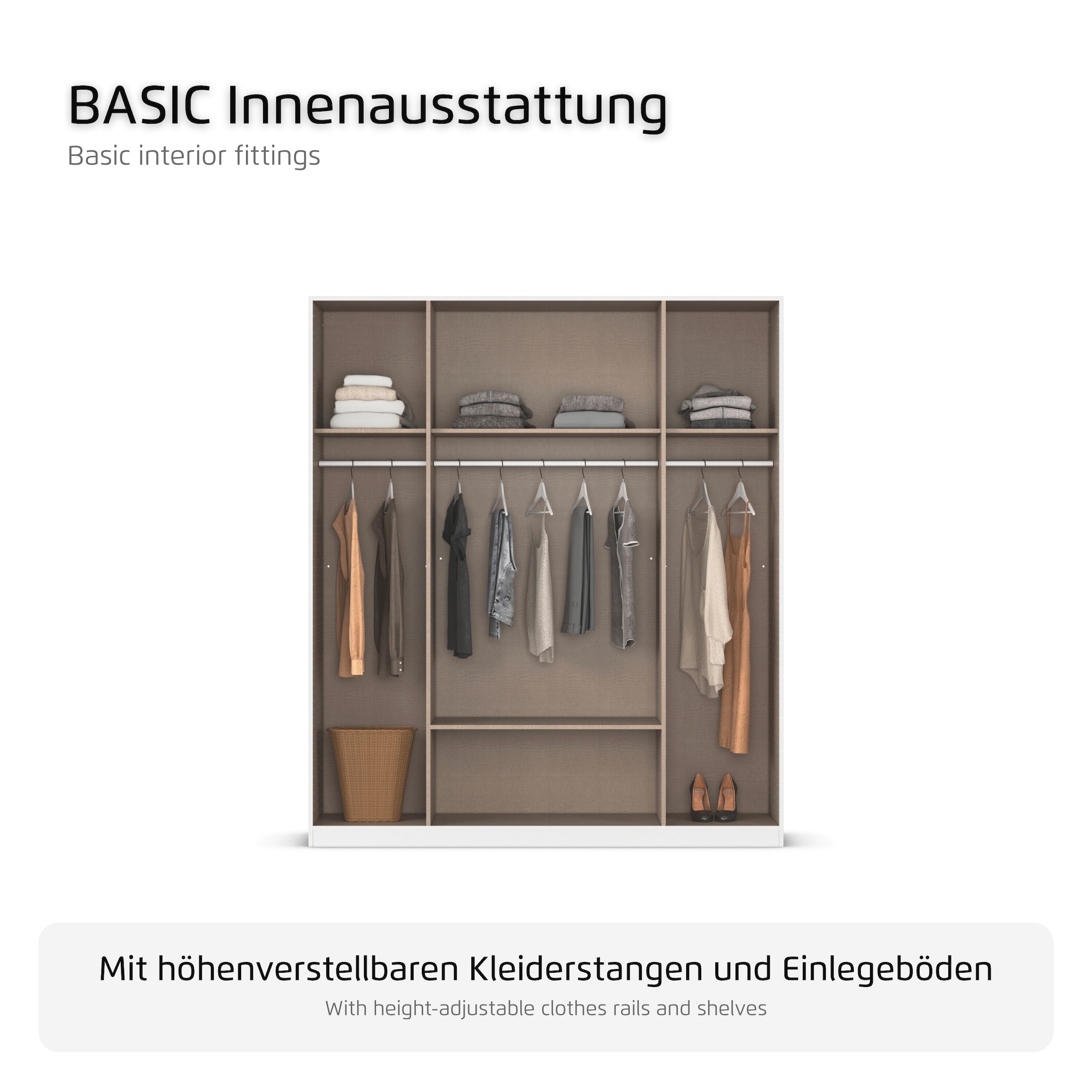 rauch Kleiderschrank »Mehrzweckschrank Schrank Garderobe Wäscheschrank Schlafzimmer GAMMA« 3 verschiedene Ausstattungen BASIC/CLASSIC/PREMIUM (inkl. SOFT-CLOSE),  Weiss, 181 cm, 2 Schubladen, Stangengriff Schwarz MADE IN GERMANY