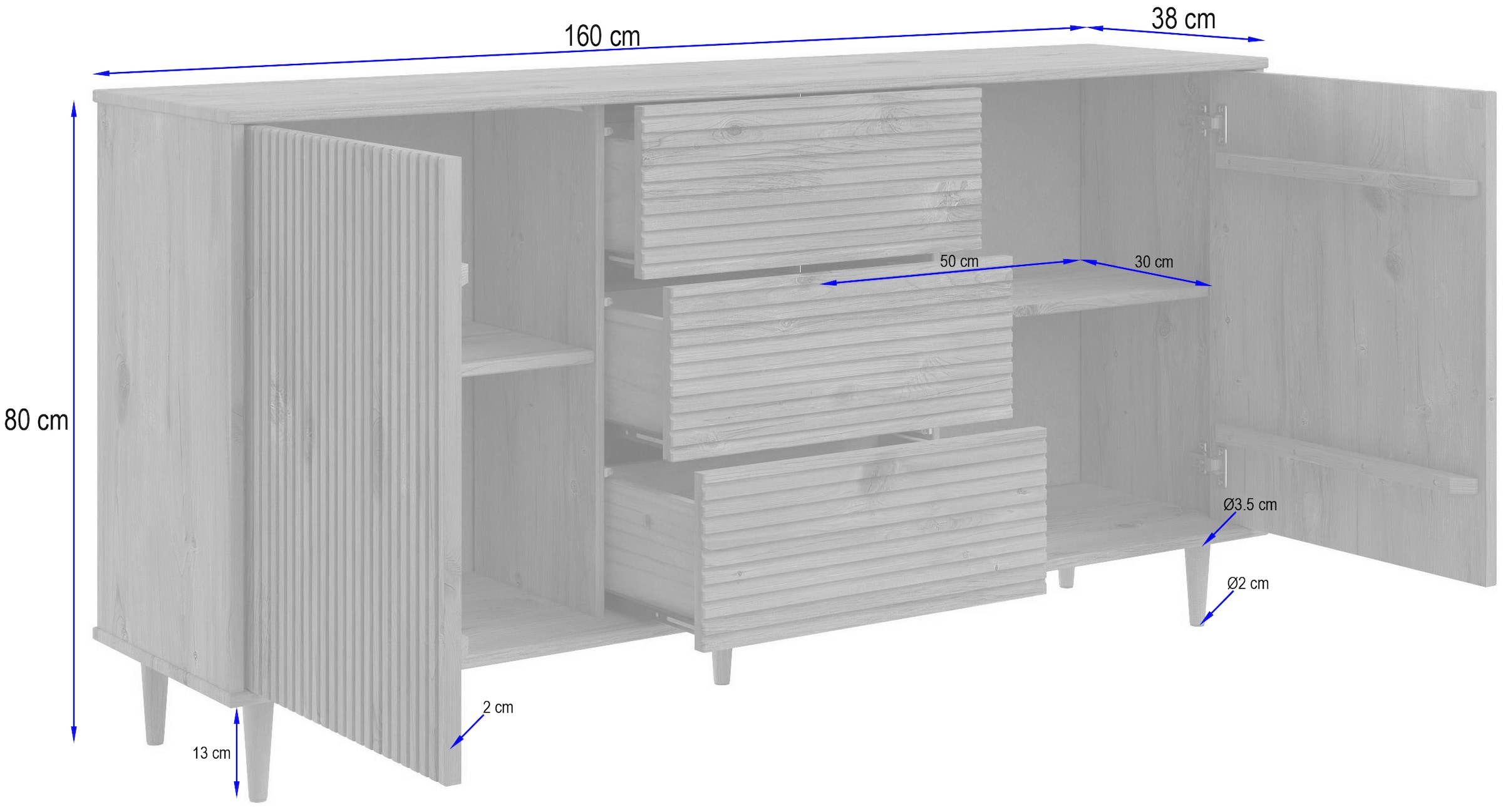 GOODproduct Sideboard »Malmedy  Front mit gefrästen Rillen« Kommode aus massivem Kiefernholz, Push-to-open, Breite 160 cm