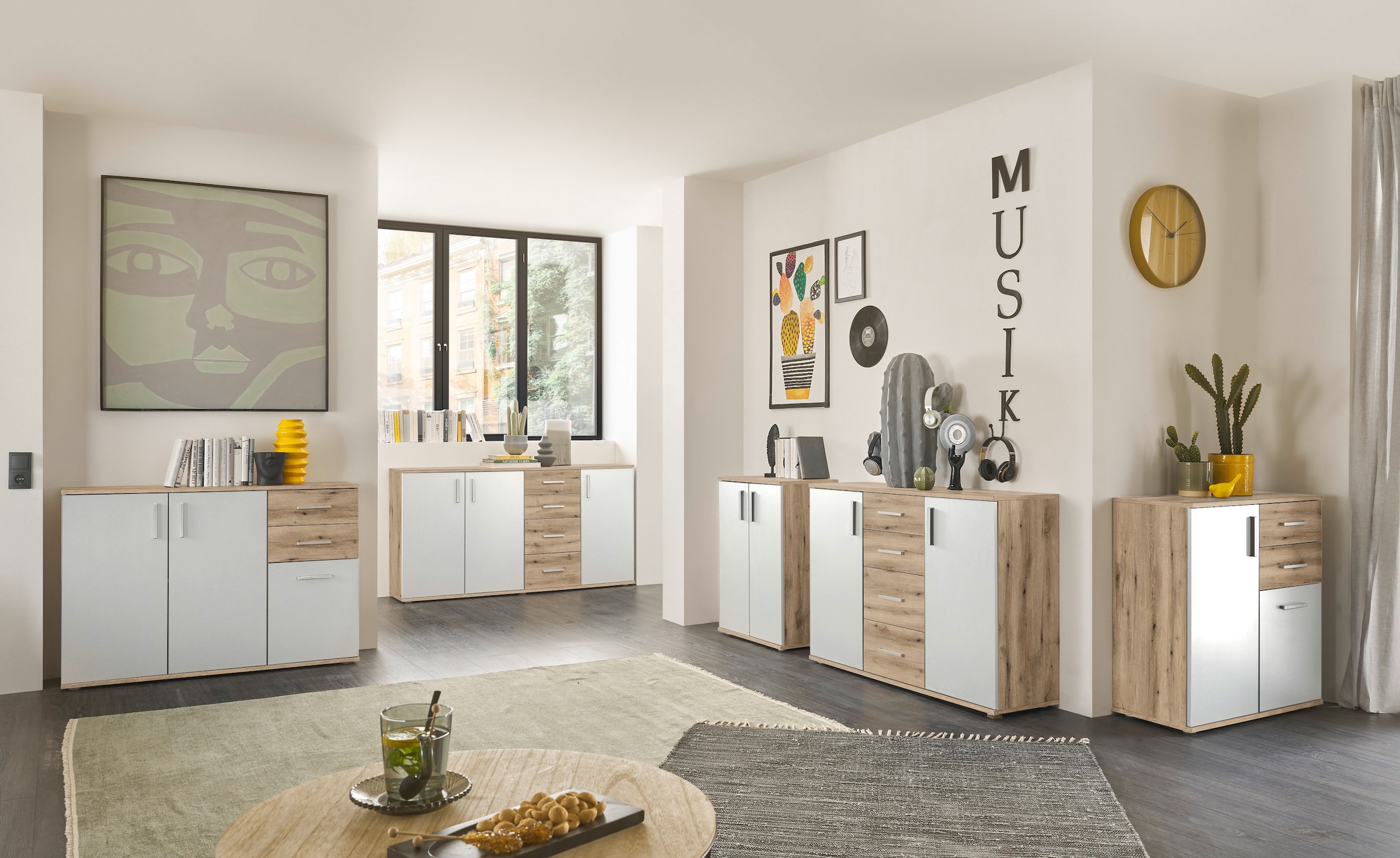 HBZ Kommode »BC-Drift-2, Sideboard Stellmass BxHxT 120x84x35 cm« 1 Stk. tlg. Kommode mit 3 Türen, 2 Schubkästen und 1 Einlegeboden