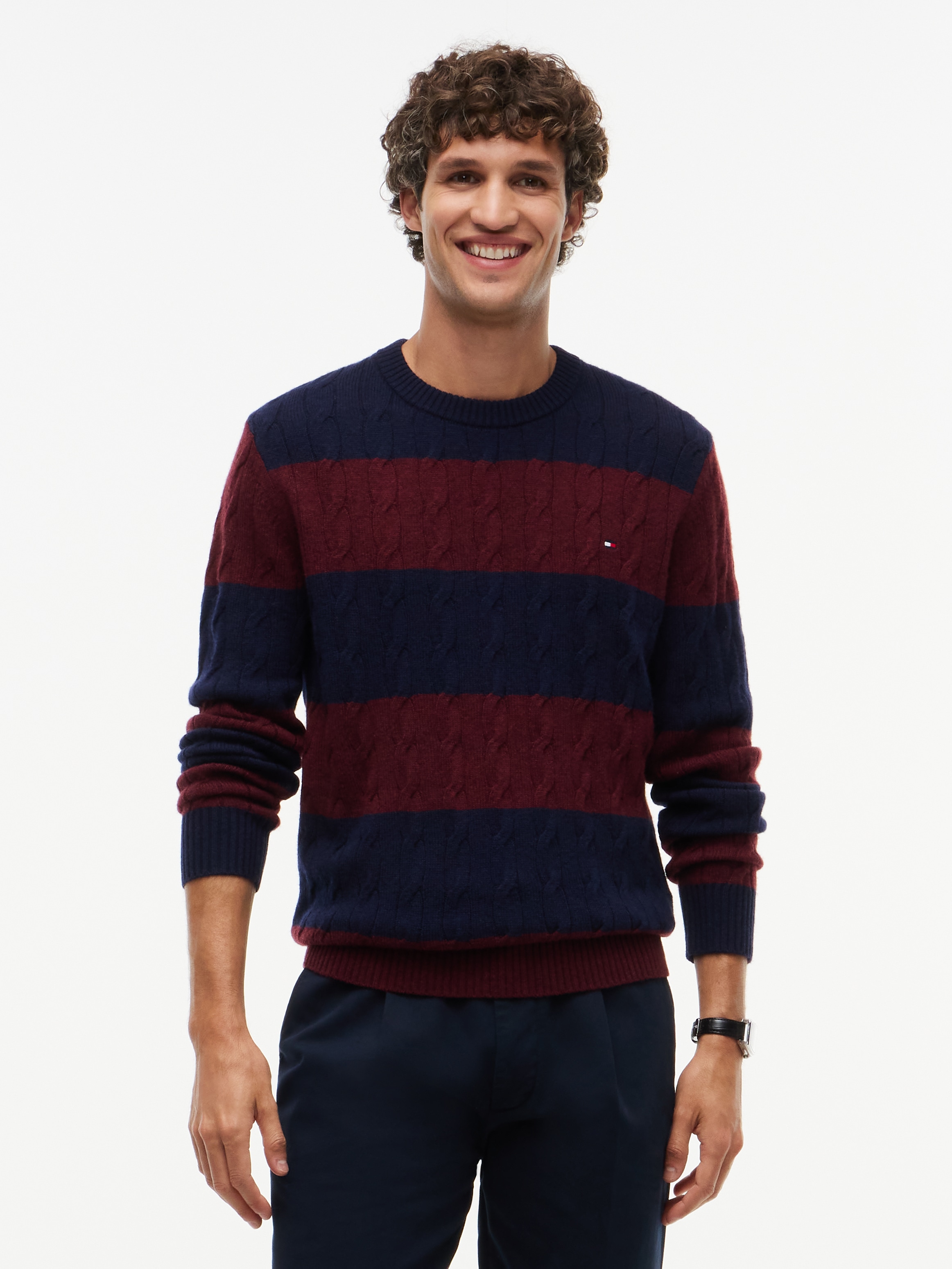 Image of Tommy Hilfiger Rundhalspullover "LAMBSWOOL CABLE CREW" aus reiner Lammwolle mit Zopfmuster