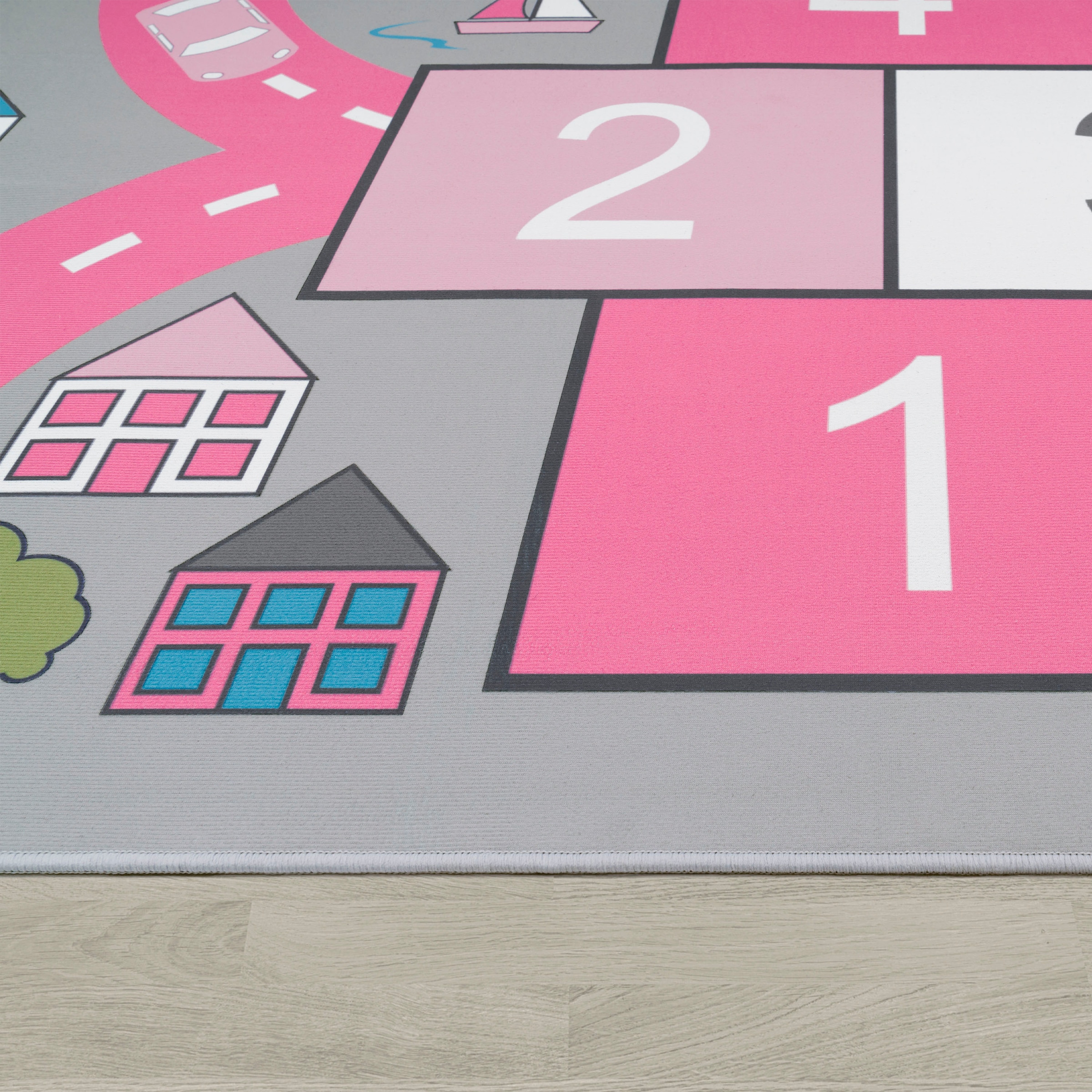 Paco Home Kinderteppich »Bino 569«, rund, 4 mm Höhe, Kurzflor, Strassen-Spiel-Teppich & Spielmotiv Hüpfkästchen