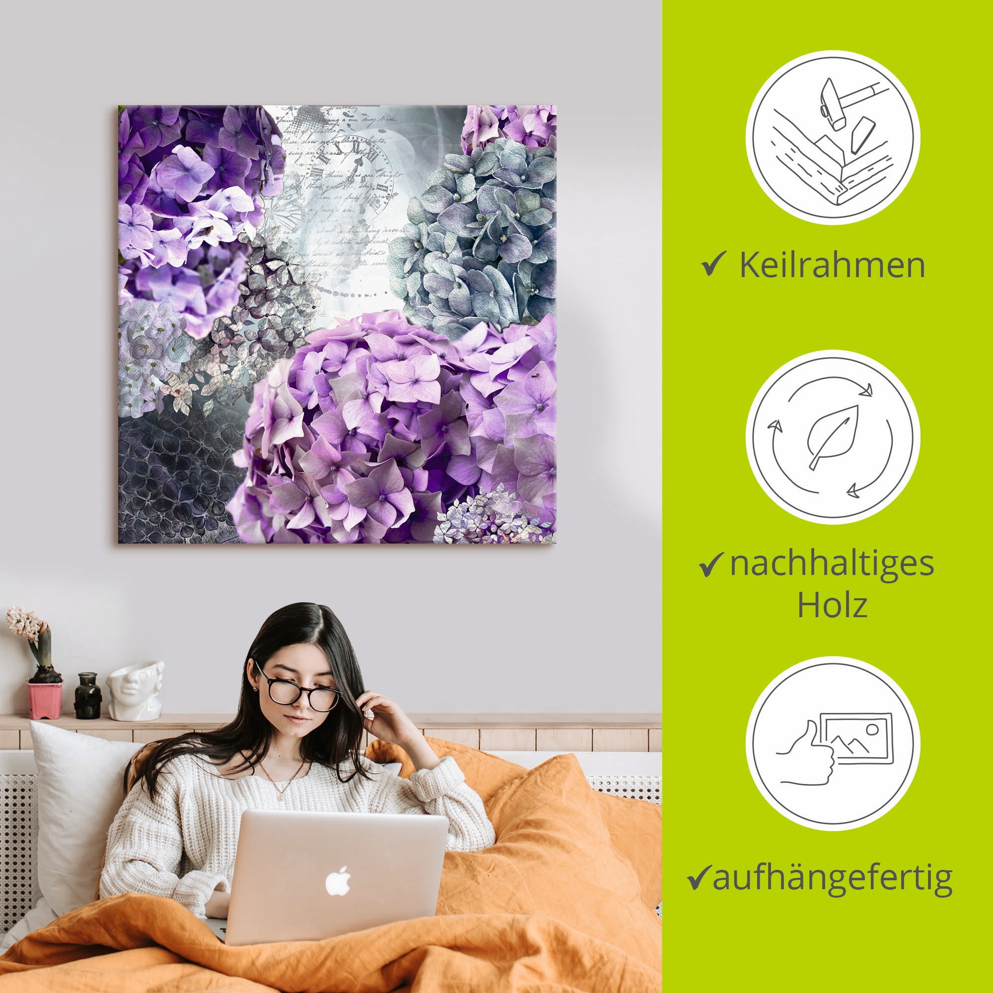 Artland Tableau sur toile »Blau und Grau Hortensie« 1 cuis tlg. auf Holzrahmen gespannt