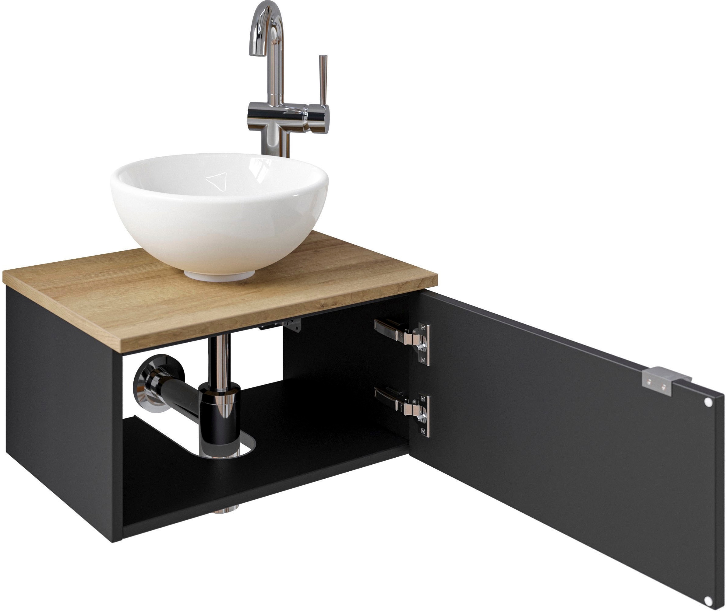 Saphir Table de lavage »Serie 6915 Waschschale mit Unterschrank für Gästebad, Gäste WC« Vasque en céramique à poser, plan de lavabo, meuble sous lavabo, 3 cuis tlg. 51 cm de large, 1 porte, plan de lavabo, petites salles de bain, sans robinet