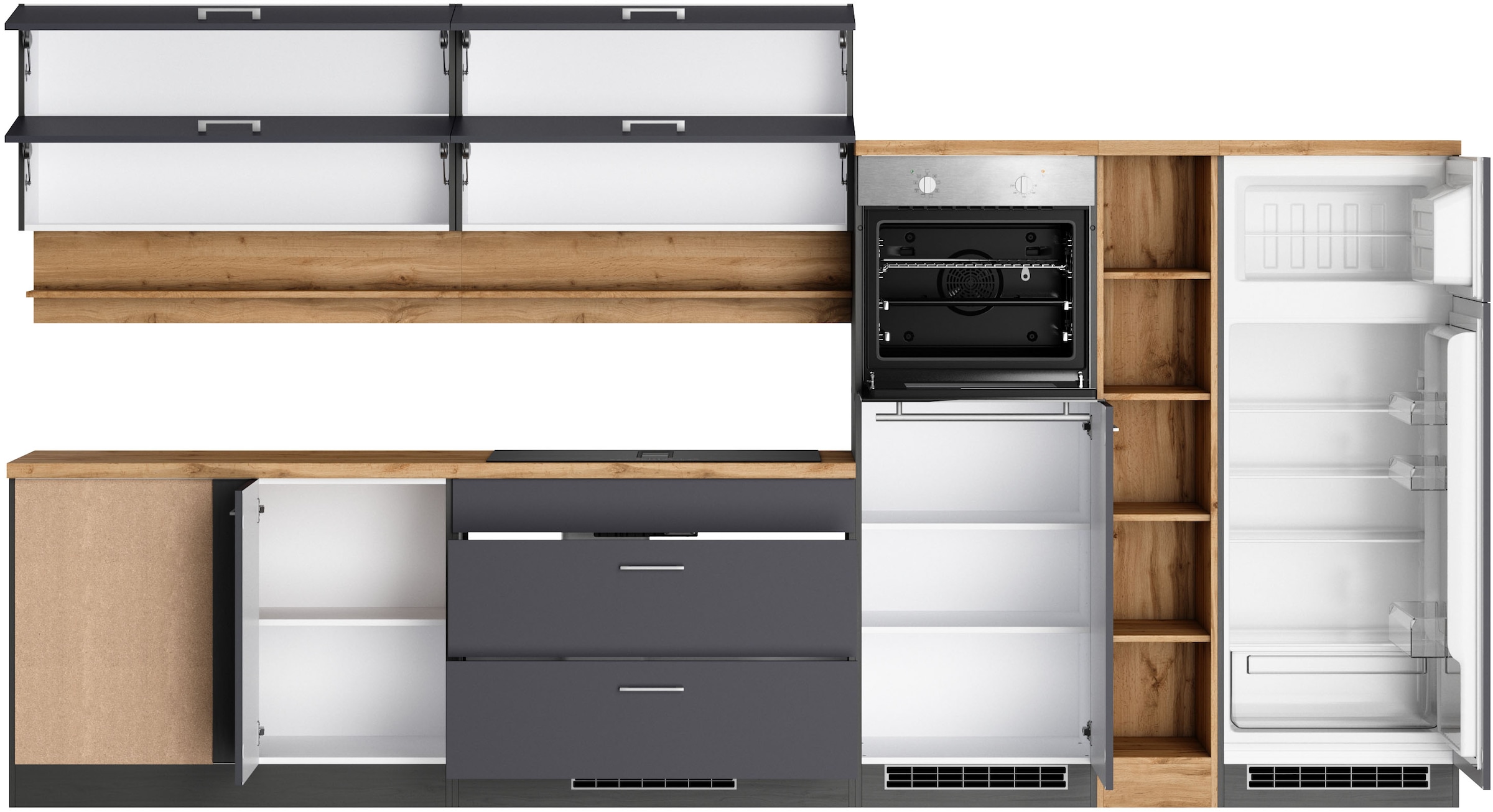 KOCHSTATION Cuisine d'angle »KS-Milan, optional mit Muldenlüfter« dimensions 360/220 cm, avec appareils électriques en option, plaque de cuisson avec hotte intégrée