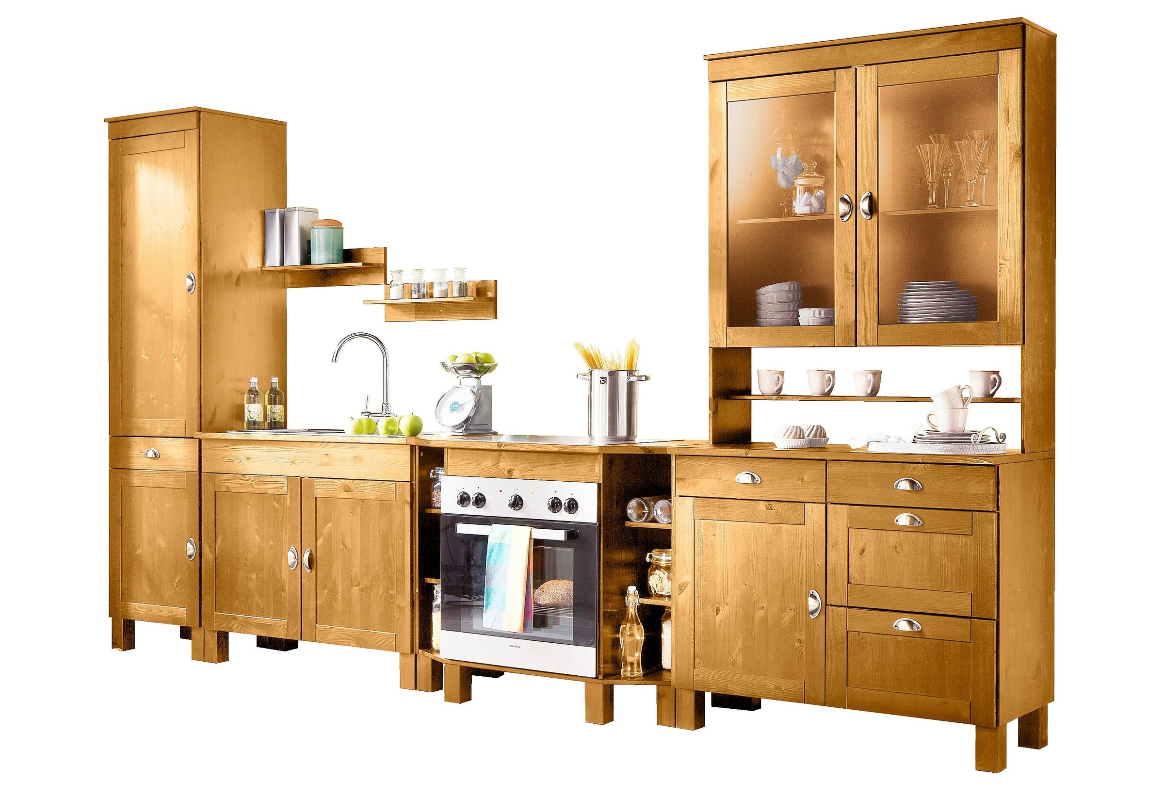 Image of Home affaire Küchen-Set »Oslo«, (7 St.), ohne E-Geräte, Breite 350 cm, aus massiver Kiefer, 23 mm starke Arbeitsplatte, mit Metallgriffen, Landhaus-Küche, in 2 Tiefen erhältlich bei Ackermann Versand Schweiz