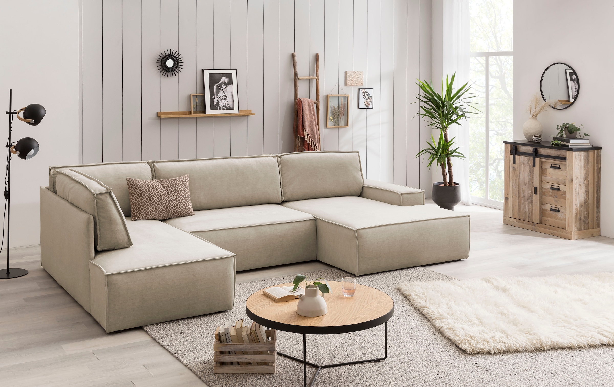 Home affaire Wohnlandschaft »SHERWOOD 329 cm, U-Form, Schlafsofa,«, Schlaffunktion m. Bettkasten (194x139 cm), Cord, Vintage, Samtvelours