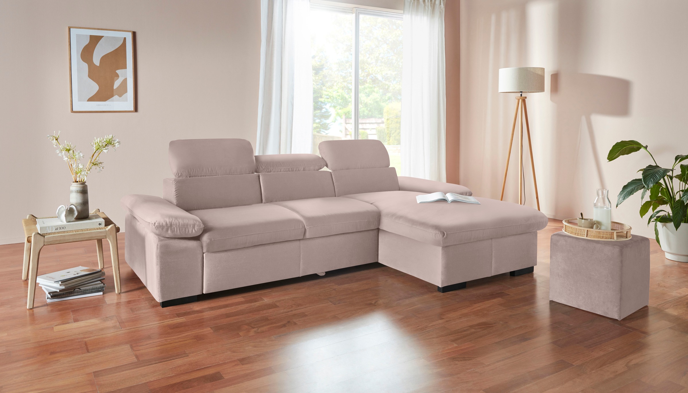 COTTA Ecksofa »Lola L-Form mit Kopfteilfunktion & Hocker«, (Set, mit Hocker), wahlweise mit Bettfunktion, Bettkasten & Armteilverstellung
