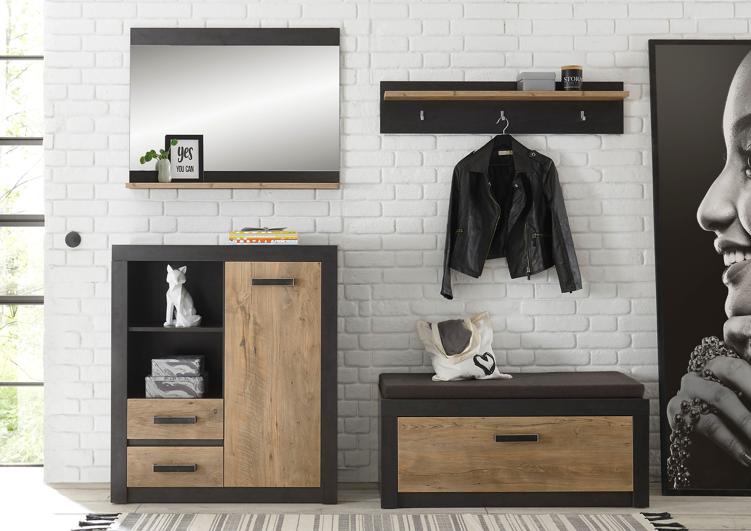 Image of my home Garderoben-Set »BRÜGGE«, (Komplett-Set, bestehend aus Garderobenbank und -paneel, Kommde, Spiegel), mit einer dekorativen Rahmenoptik bei Ackermann Versand Schweiz