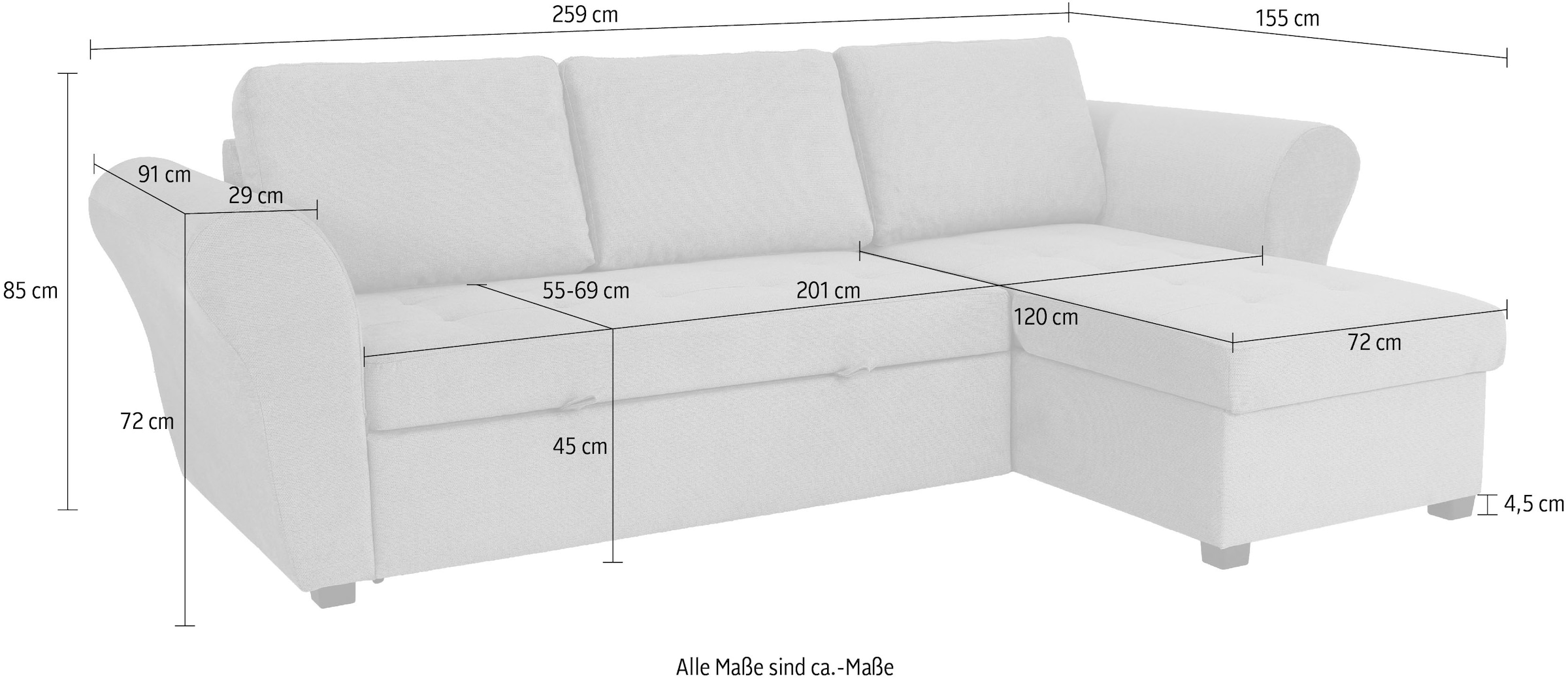 Trends by HG Ecksofa »Lasse L-Form, B: 259 cm« mit Bettfunktion & Bettkasten