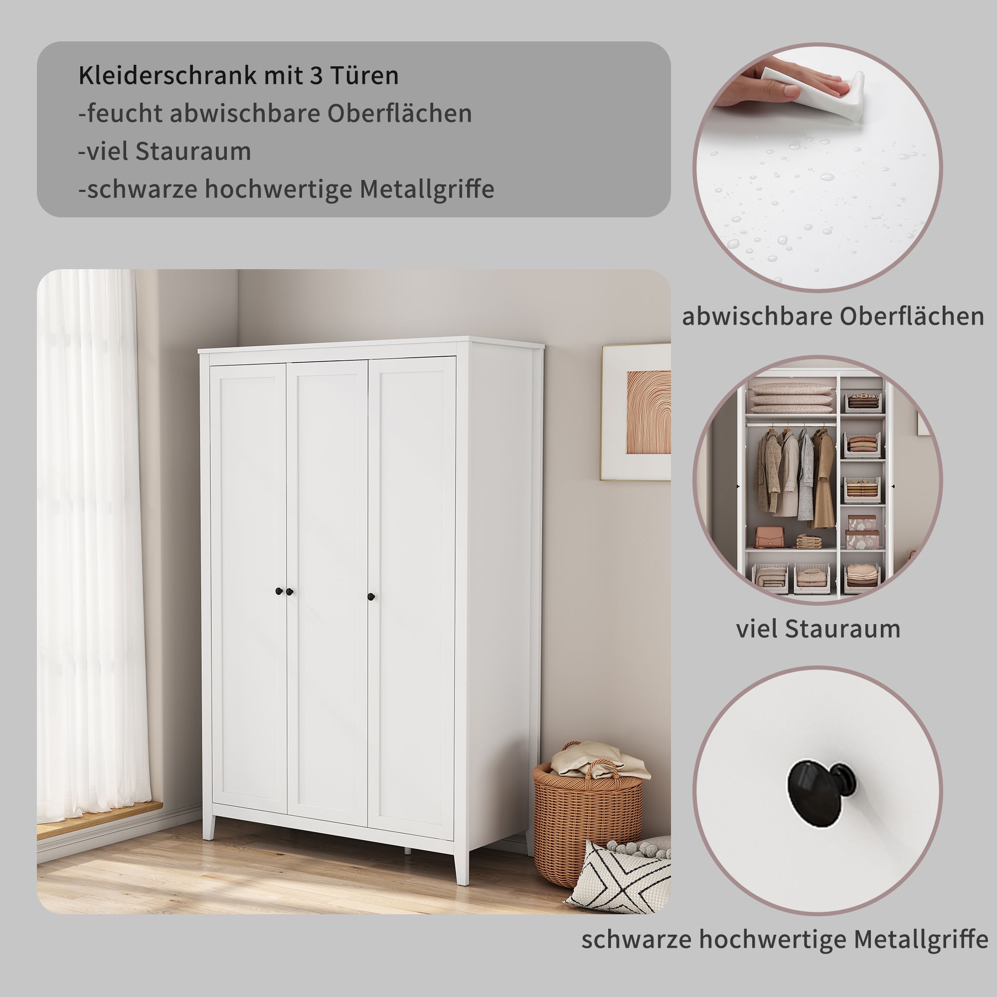 GOODproduct Kleiderschrank »Borkum Schlafzimmerschrank Garderobe Landhaus Bestseller weiss« hochwertige schwarze Griffe aus Metall, 