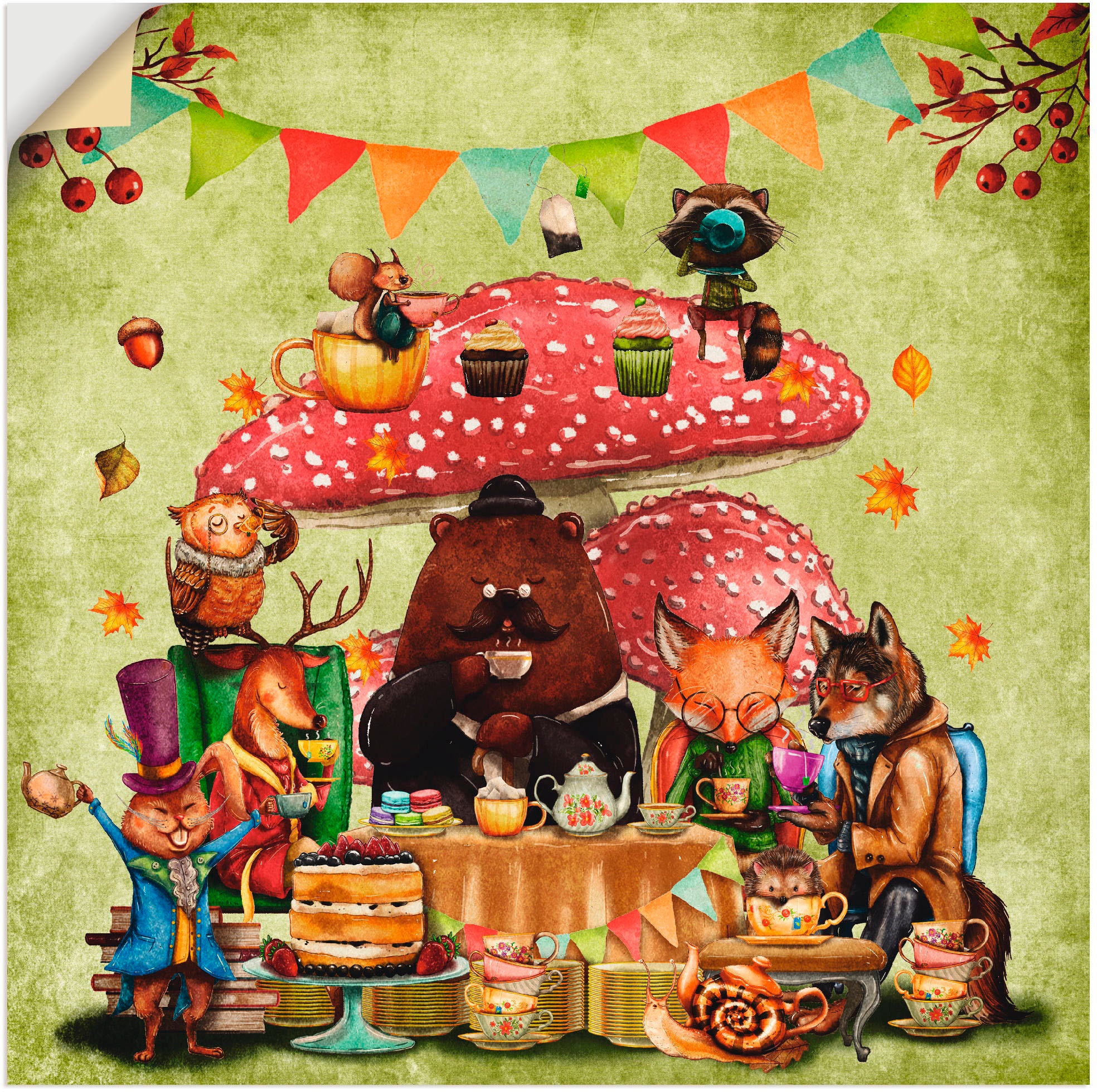 Image of Artland Wandbild »Wald Freunde Fliegenpilz Teetrinken«, Animal Fantasy, (1 St.), in vielen Grössen & Produktarten - Alubild / Outdoorbild für den Aussenbereich, Leinwandbild, Poster, Wandaufkleber / Wandtattoo auch für Badezimmer geeignet bei Ackermann Ve