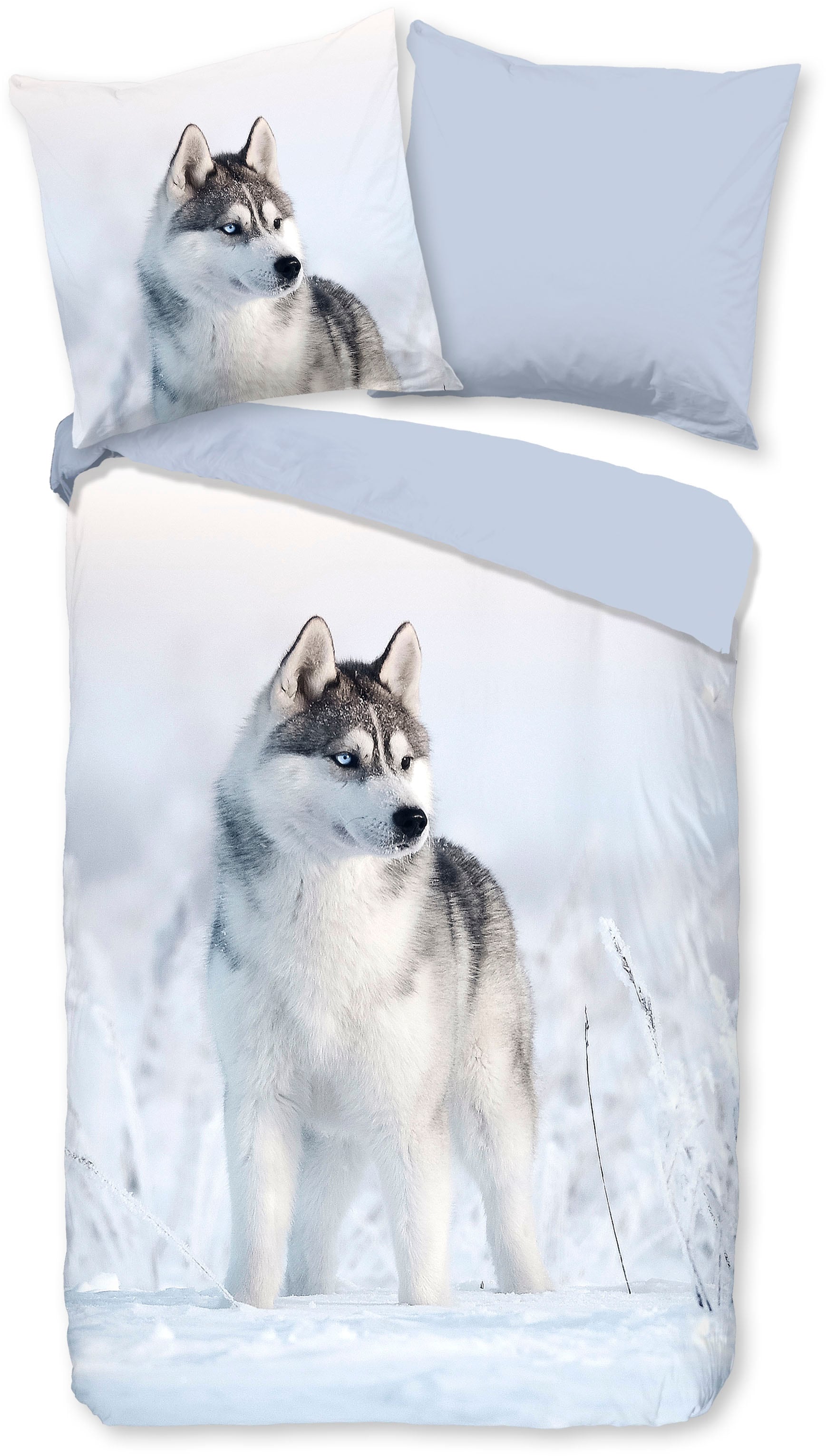 good morning Wendebettwäsche »Sachar«, Baumwolle, 135x200, Reissverschluss, Wendeoptik, Winter, Husky, Blau
