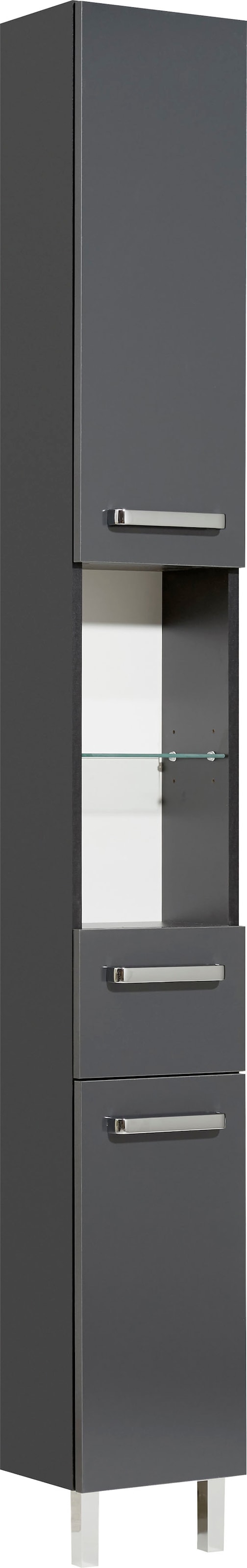 Image of Saphir Hochschrank "Quickset Badschrank 25 cm breit, 2 Türen, 2 Nischen, 1 Schublade" Badezimmer-Hochschrank inkl. Türdämpfer, Griffe in Chrom glänzend