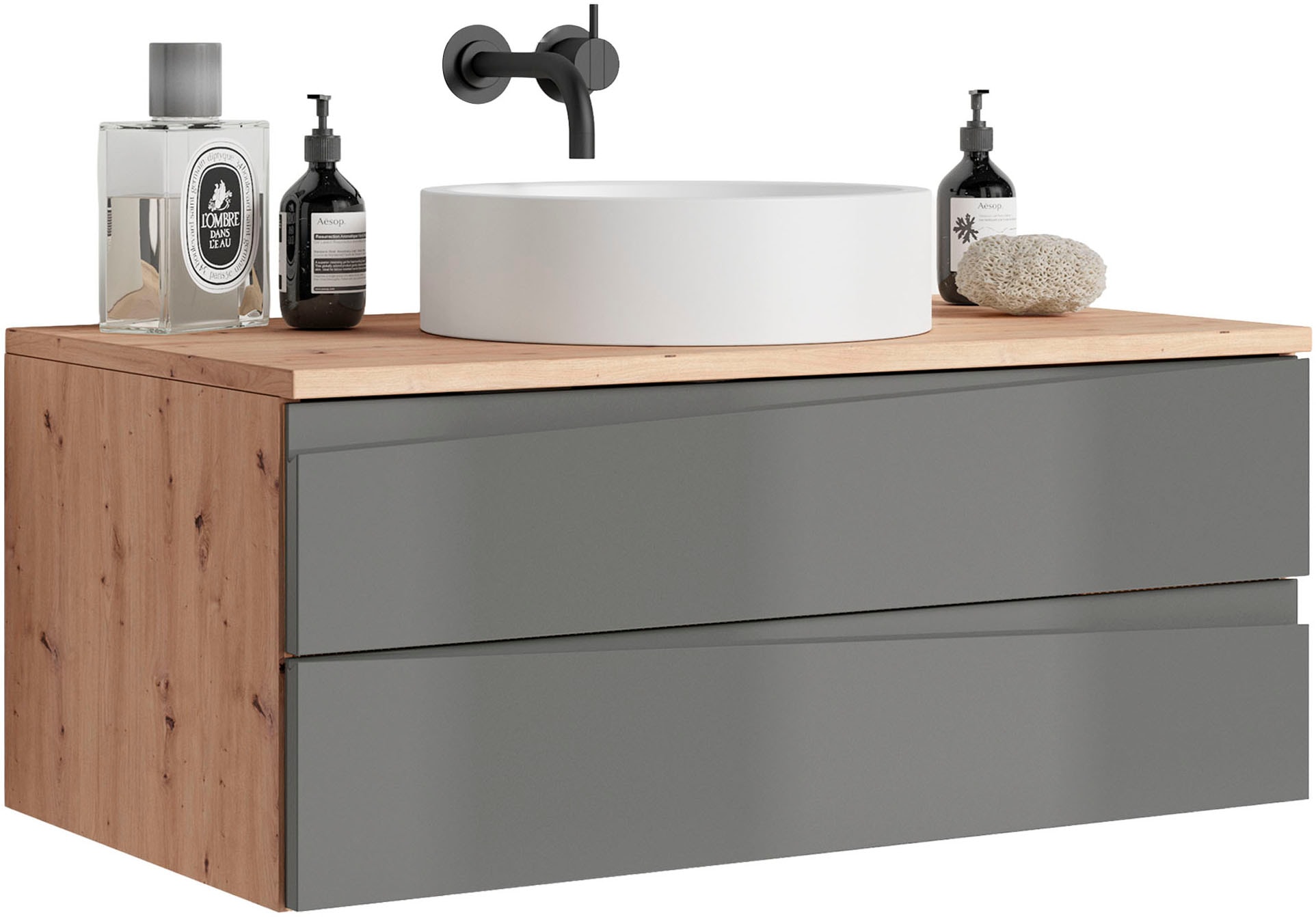 byLIVING Waschbeckenschrank »Shape« 1 Stk. tlg. für Aufsatzbecken mit asymetrischer Hochglanz Front, 2 Schubkästen