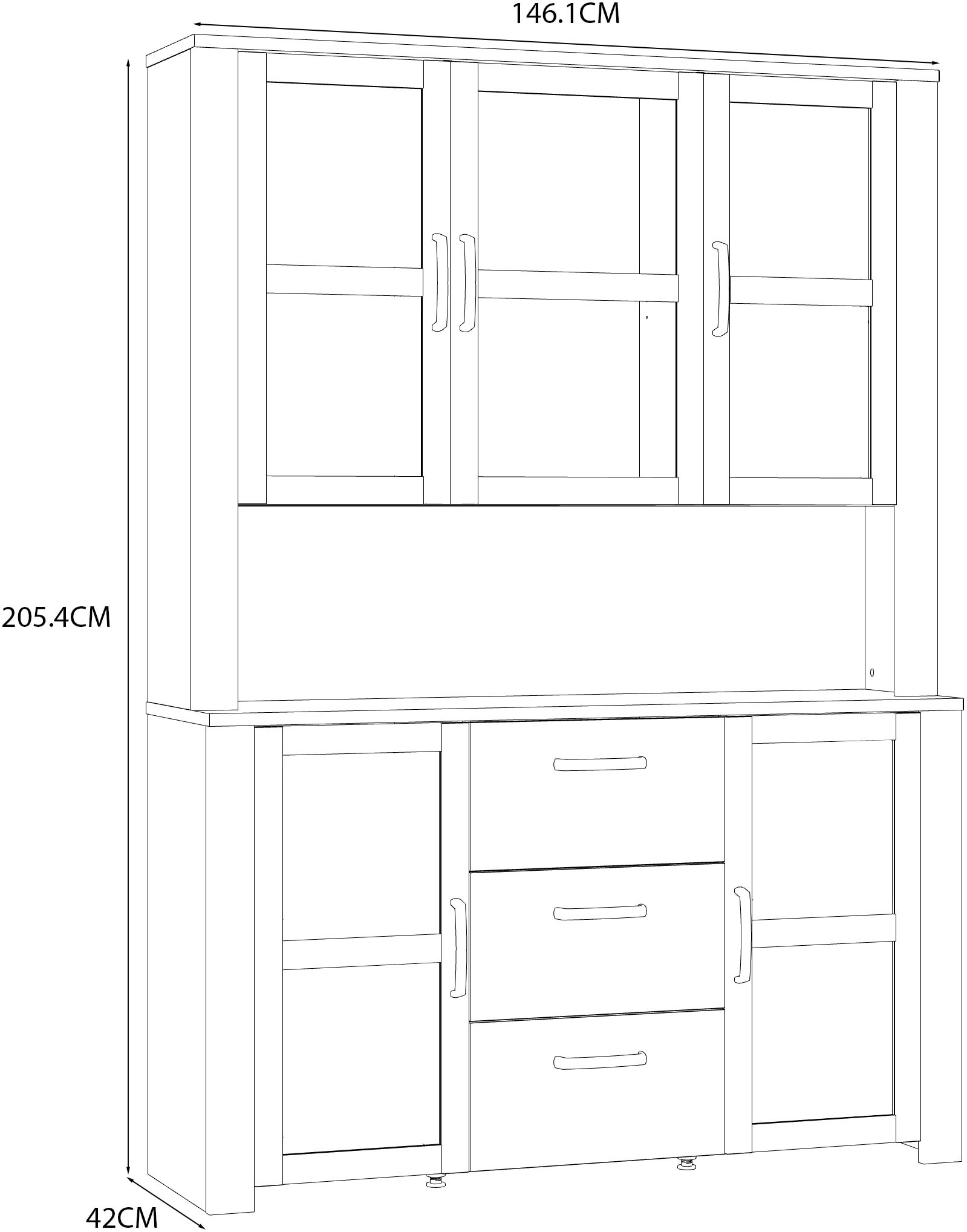 FORTE Buffet »Bohol, grosses Highboard,4Türen, 1 Glastüre, 3 Schubkästen« L/H/P 146,1/205,4/42 cm, beaucoup d'espace de rangement