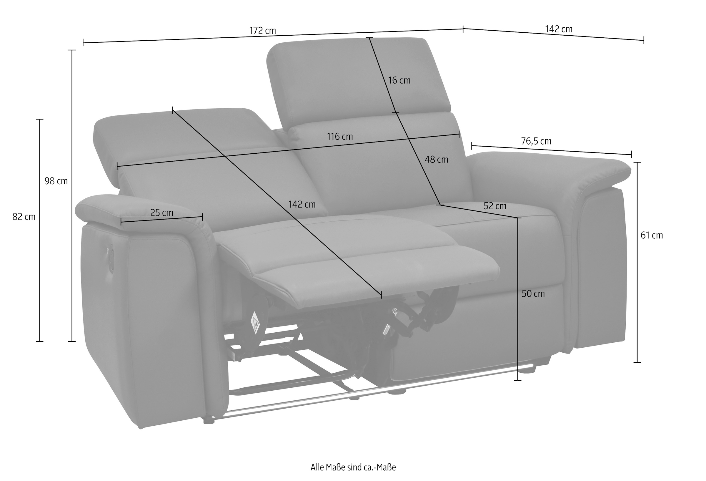 Home affaire 2-places »Pareli 172cm, manuelle u. elektr. Relaxfunktion« USB, Kopfteil-Verstellung, LED, in Echtleder, Kunstleder, Web