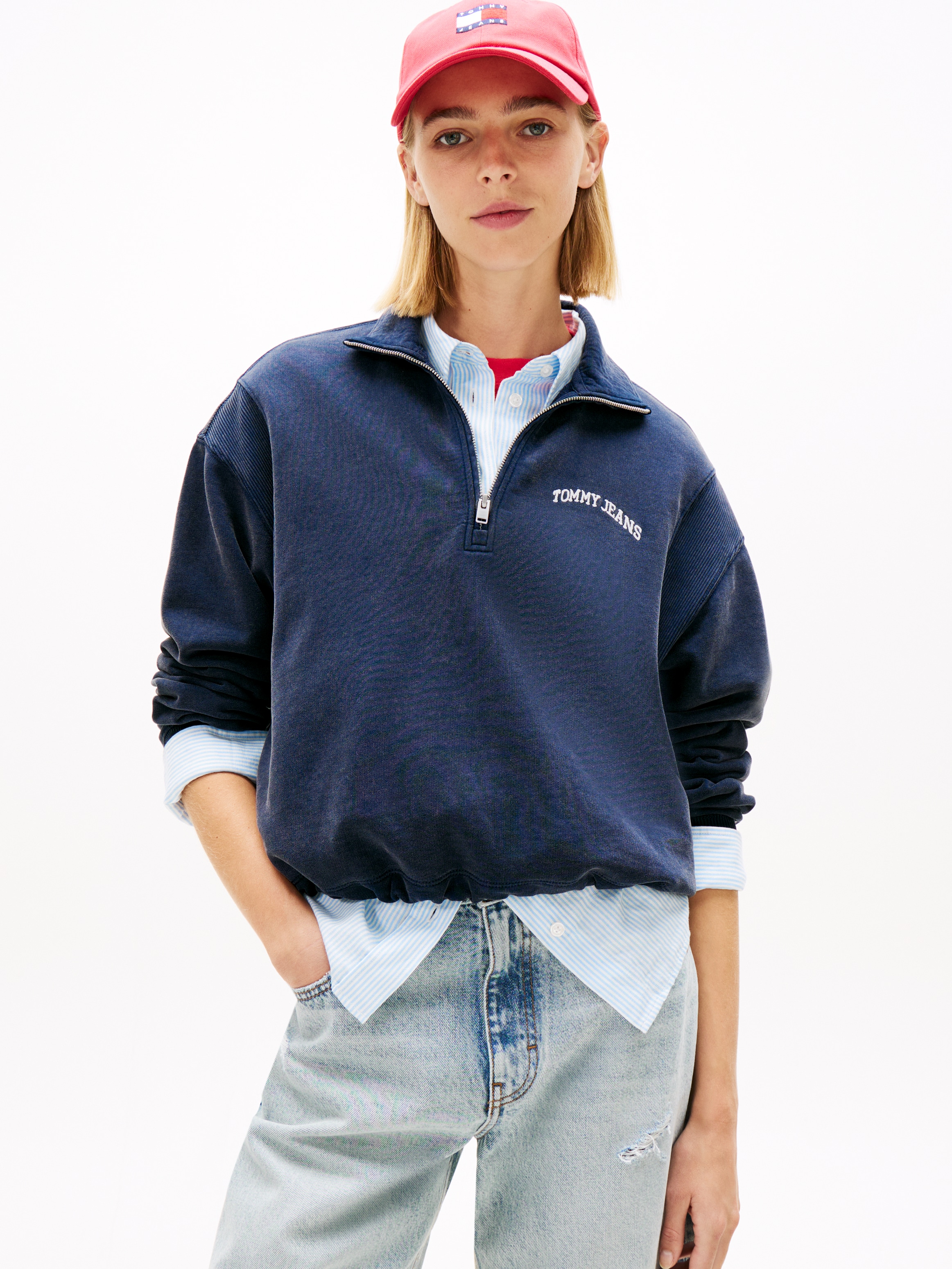 Image of Tommy Jeans Sweatshirt "TJW RLX SH VARSITY 1/4 ZIP", Baumwolle, Relaxed Fit