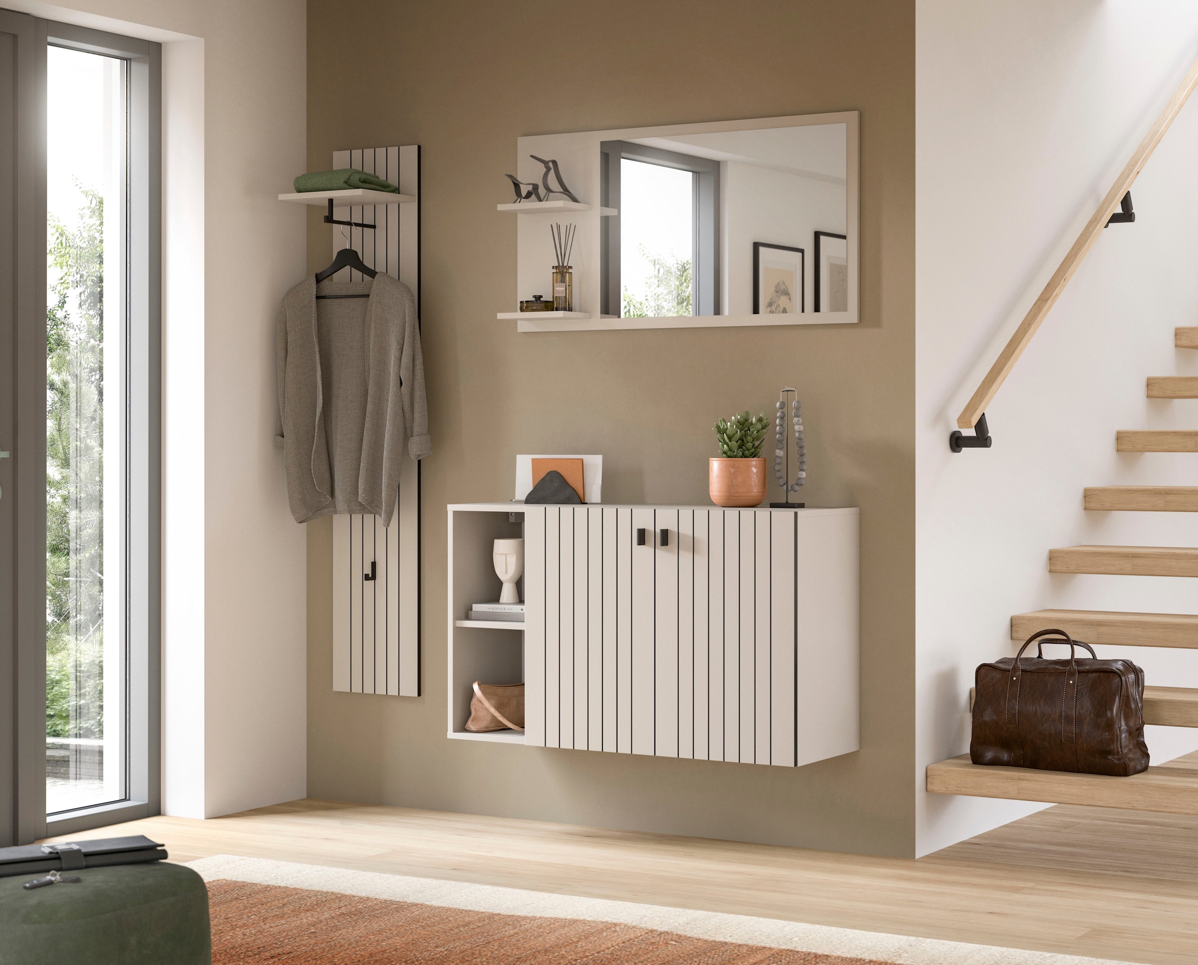 Home affaire Ensemble de vestiaires »TATIO, 3-tlg. Garderobenkombination, Breite: 152 cm Rillenfräsung« Set, Set, best. aus: 1 Spiegel, 1 Garderobenpaneel, 1 Schuhkommode, 3 cuis tlg.