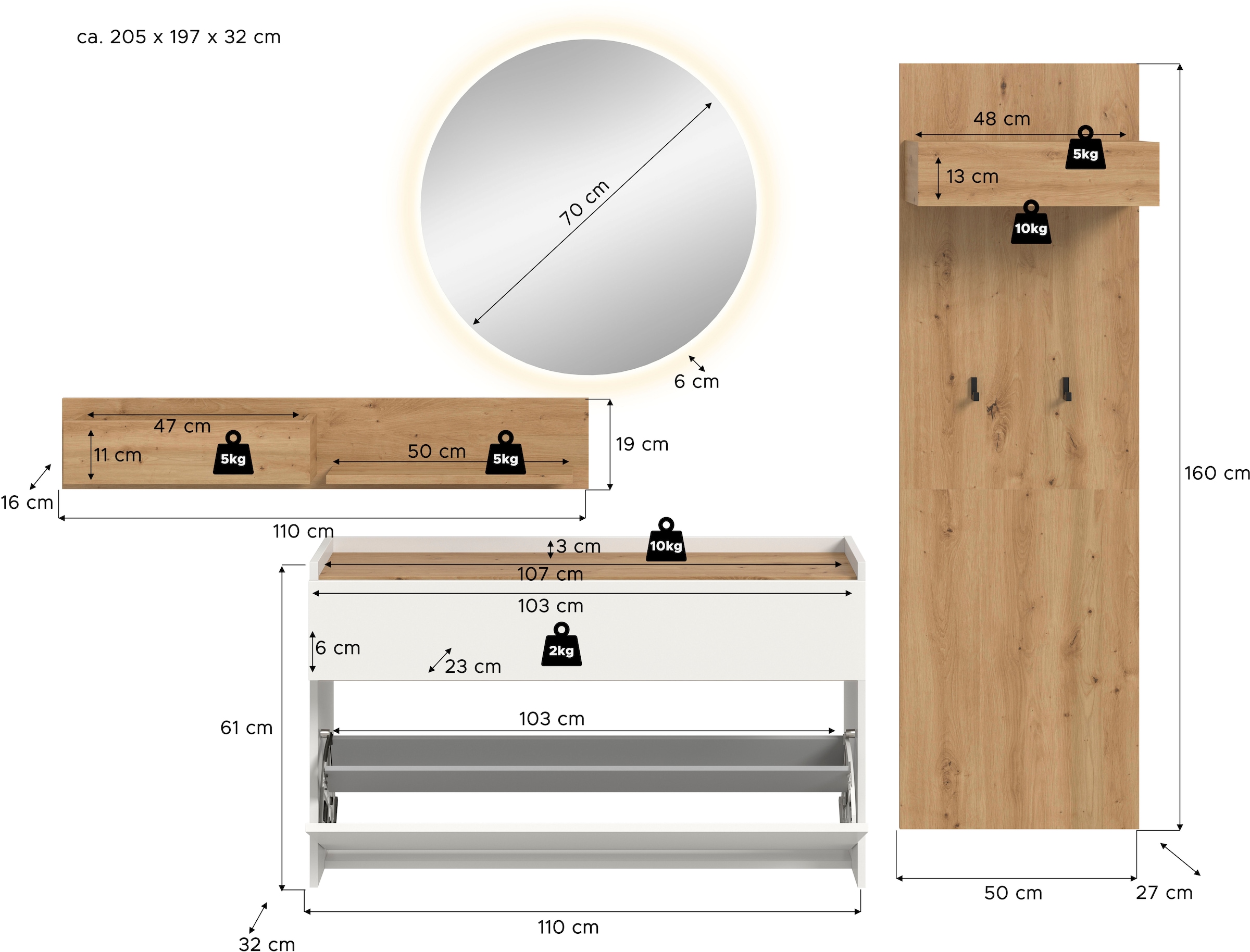 Home affaire Ensemble de vestiaires »EVRID, 4-teilig, Breite 205 cm, inkl. Beleuchtung« best. aus: Wandboard, Kommode, Spiegel, Garderobenpaneel, 4 cuis tlg.