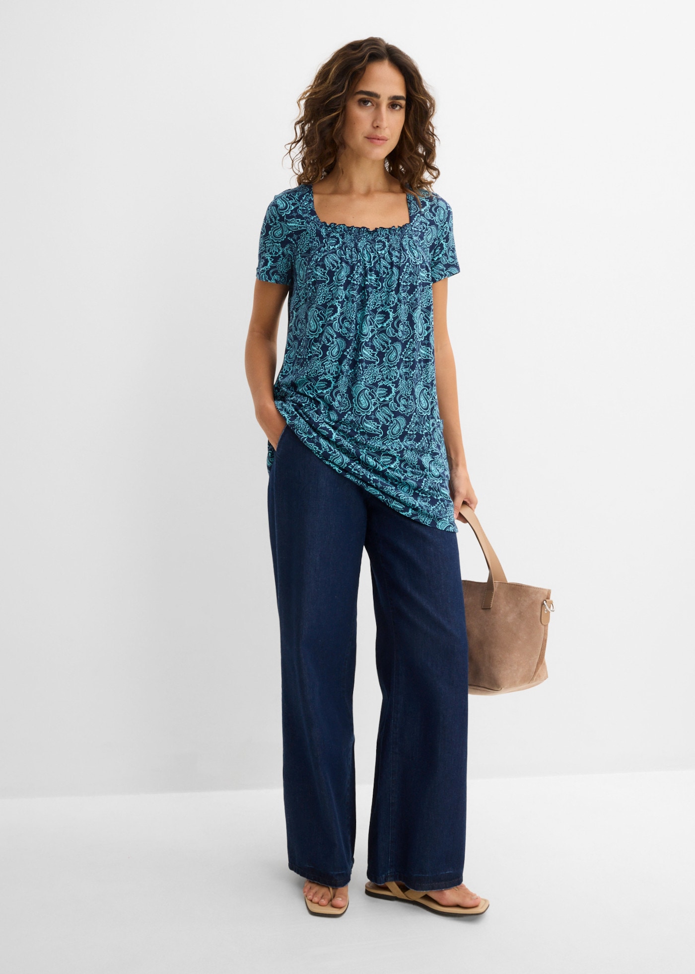 bonprix T-shirt tunique mit gerafftem Ausschnitt, in A-Linie, Kurzarm-Design