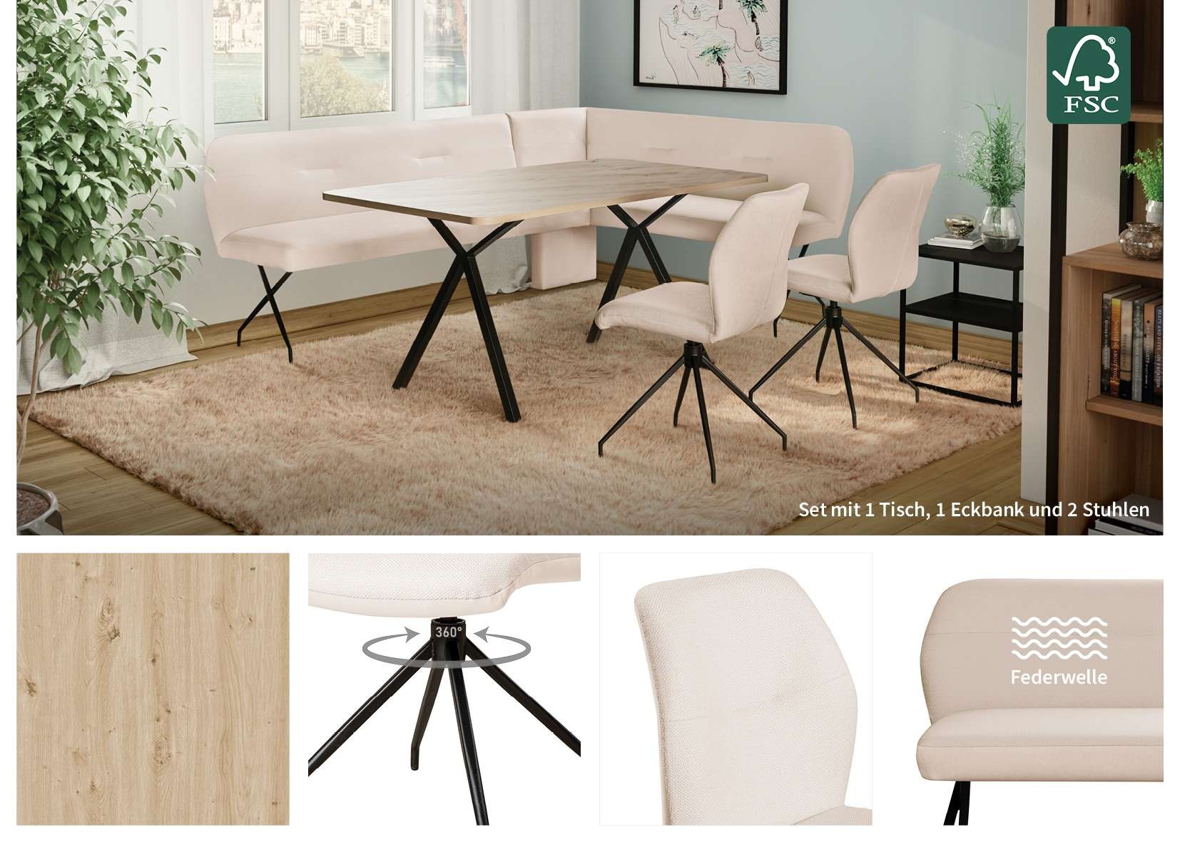 GOODproduct Eckbankgruppe »Gabi Essecke, Sitzgruppe, Eckbankgruppe, Küchenbankgruppe« Set, 4tlg, 4 tlg. tlg. Stuhl: 360° drehbar (Rückst.), 2-Stoff-Design. Wellenfederung Eckbank