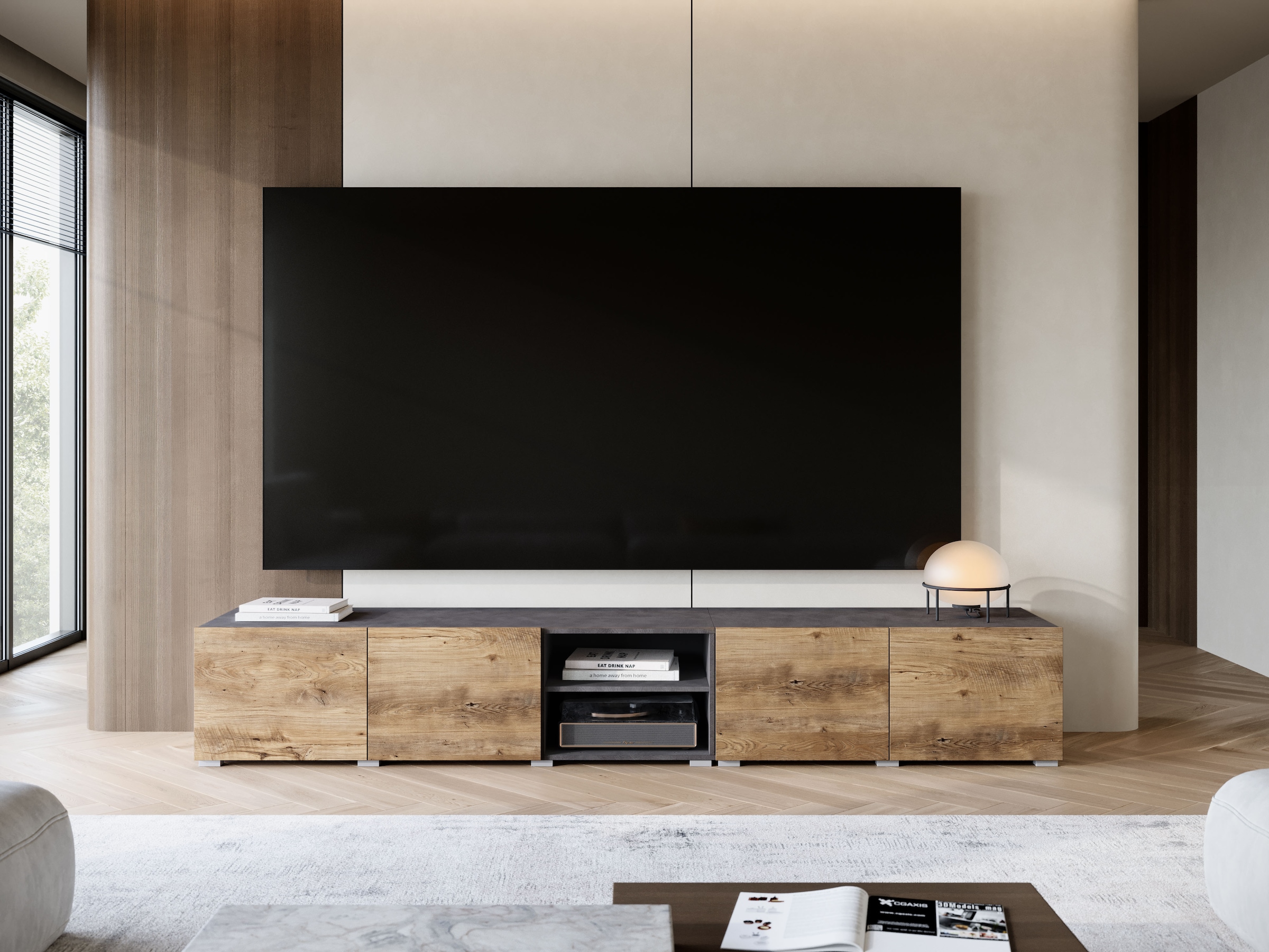 GOODproduct Lowboard »Denver 250 cm für bis zu 98-Zoll TVs - Weltmeisterschaft im XXL Format« Wahlweise mit oder ohne offenes Fach in der Mitte