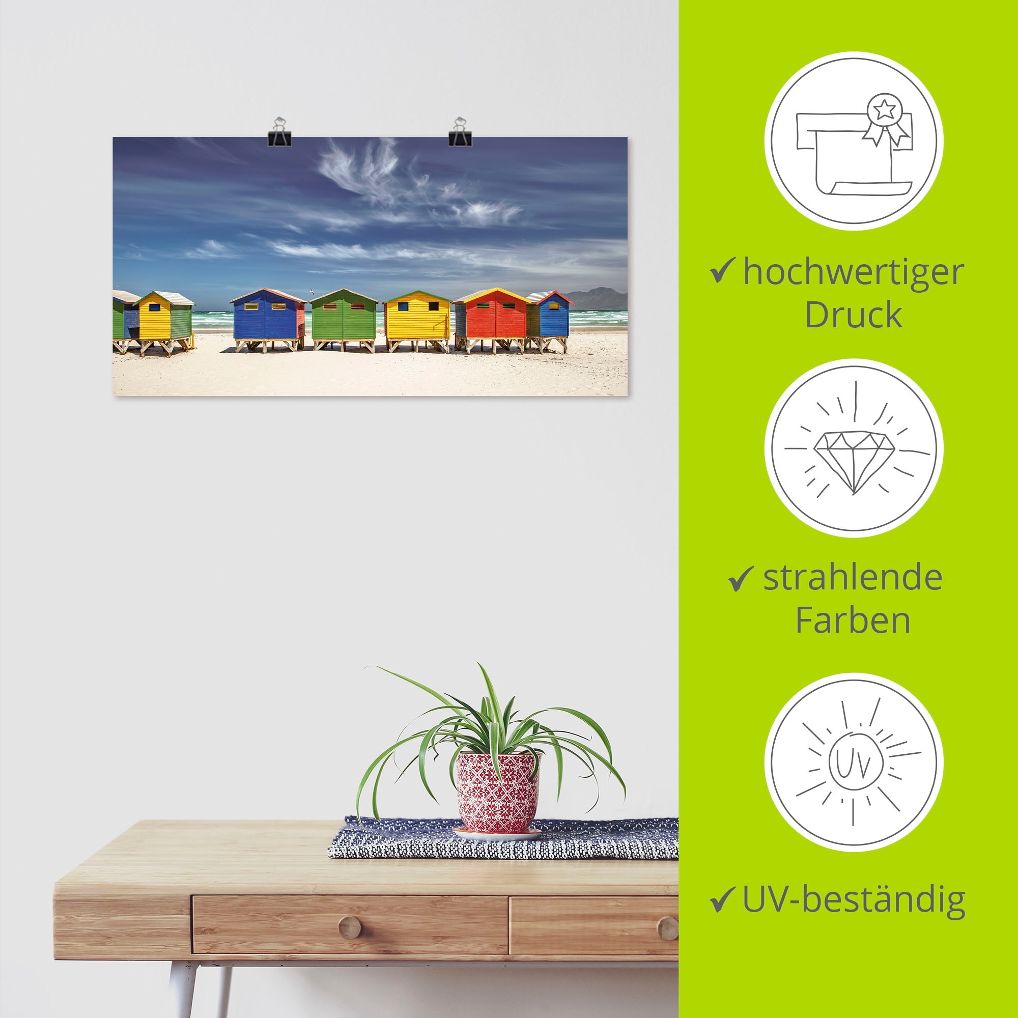 Artland Wandbild »Bunte Strandhäuser bei Kapstadt«, Strandbilder, (1 St.), als Alubild, Outdoorbild, Leinwandbild, Poster, Wandaufkleber