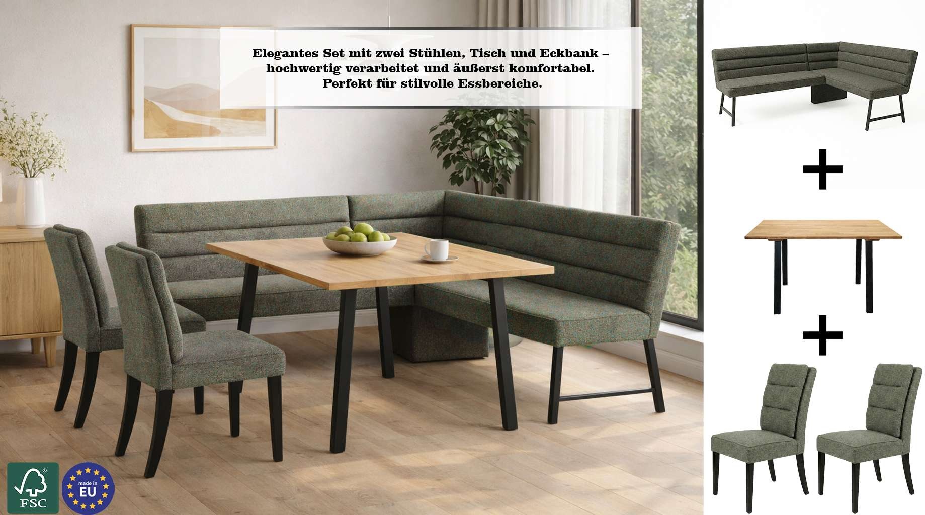 GOODproduct Ensemble de bancs d'angle »Oregon Essecke, Sitzgruppe, Küchenbankgruppe« Ensemble, lot de 4, 4 tlg. Banquette d’angle avec pieds en métal, table à manger en chêne massif