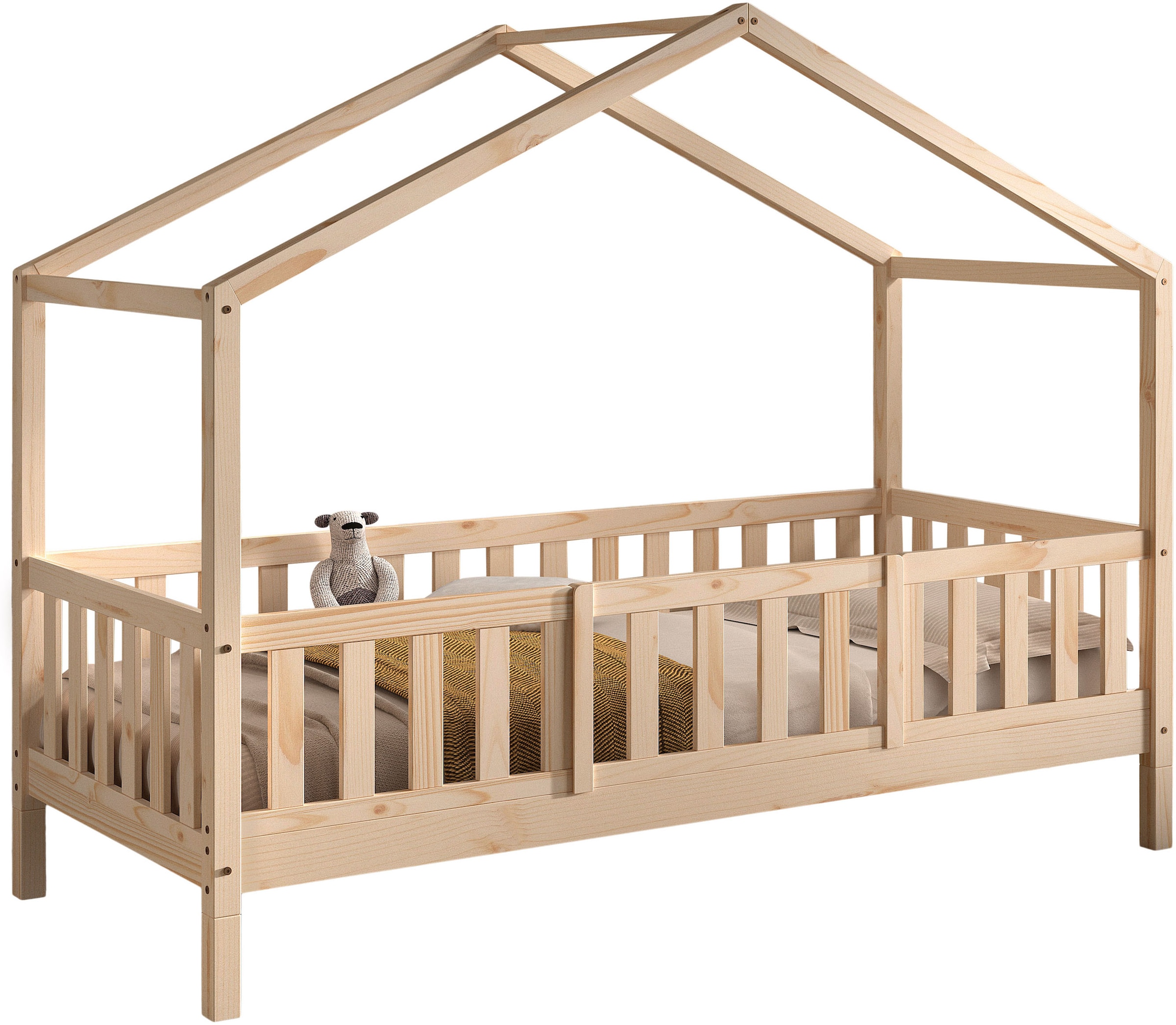 Image of Vipack Hausbett "Dallas, Massivholzbett mit Dachaufbau umbaubar vom Boden- zum Daybett" inkl. Lattenrost, Rausfallschutz, Sprossen, 90 oder 140x200 cm breit, stabil und standfest gebaut, wahlweise Kiefer massiv natur oder weiss
