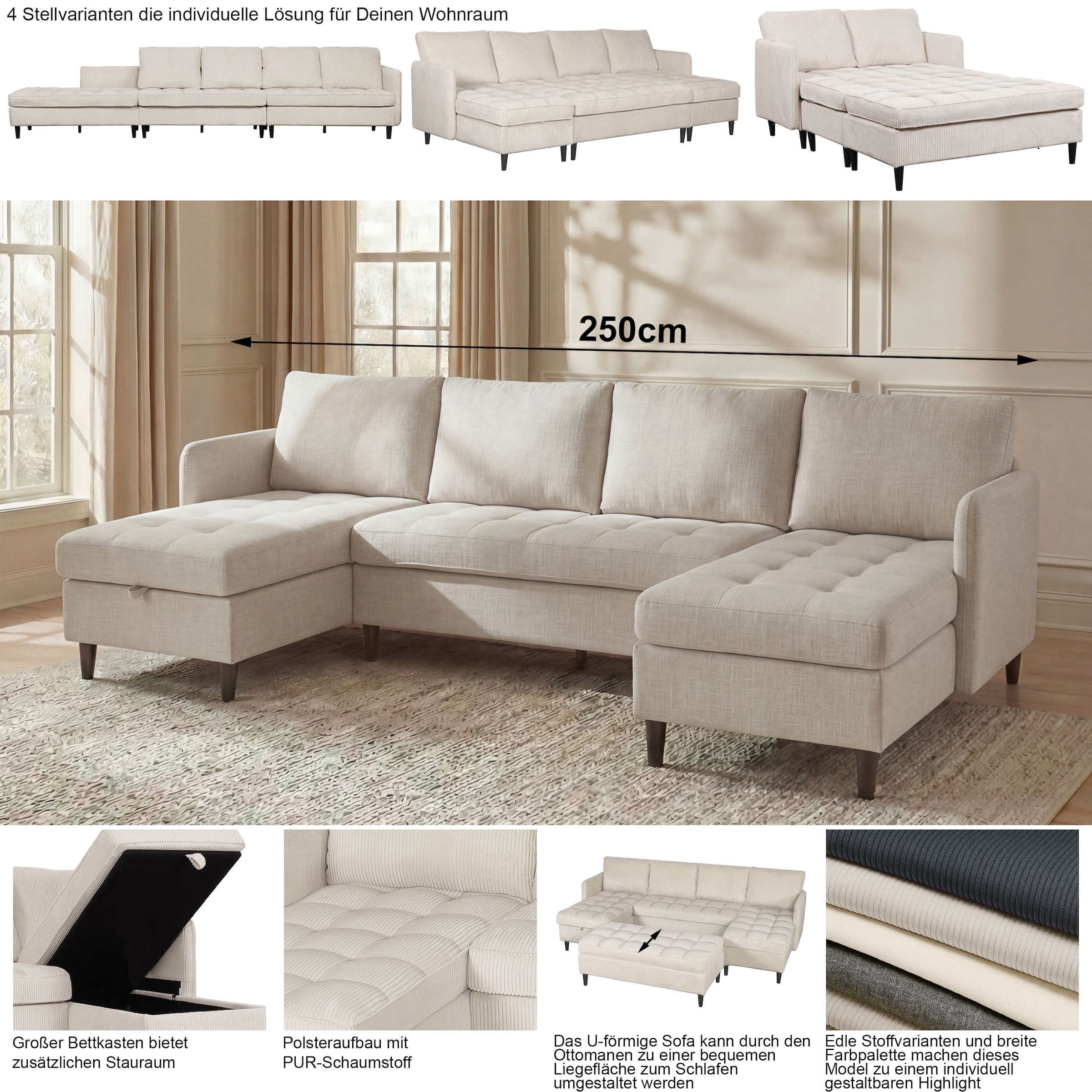 Dorel Home Wohnlandschaft »LINDHUS, Chenille, Modulsofa, verschiedene Stellvarianten« Breite als U-Form (254cm) mit Verbindern fixierbar, Recamiere,Stauraum