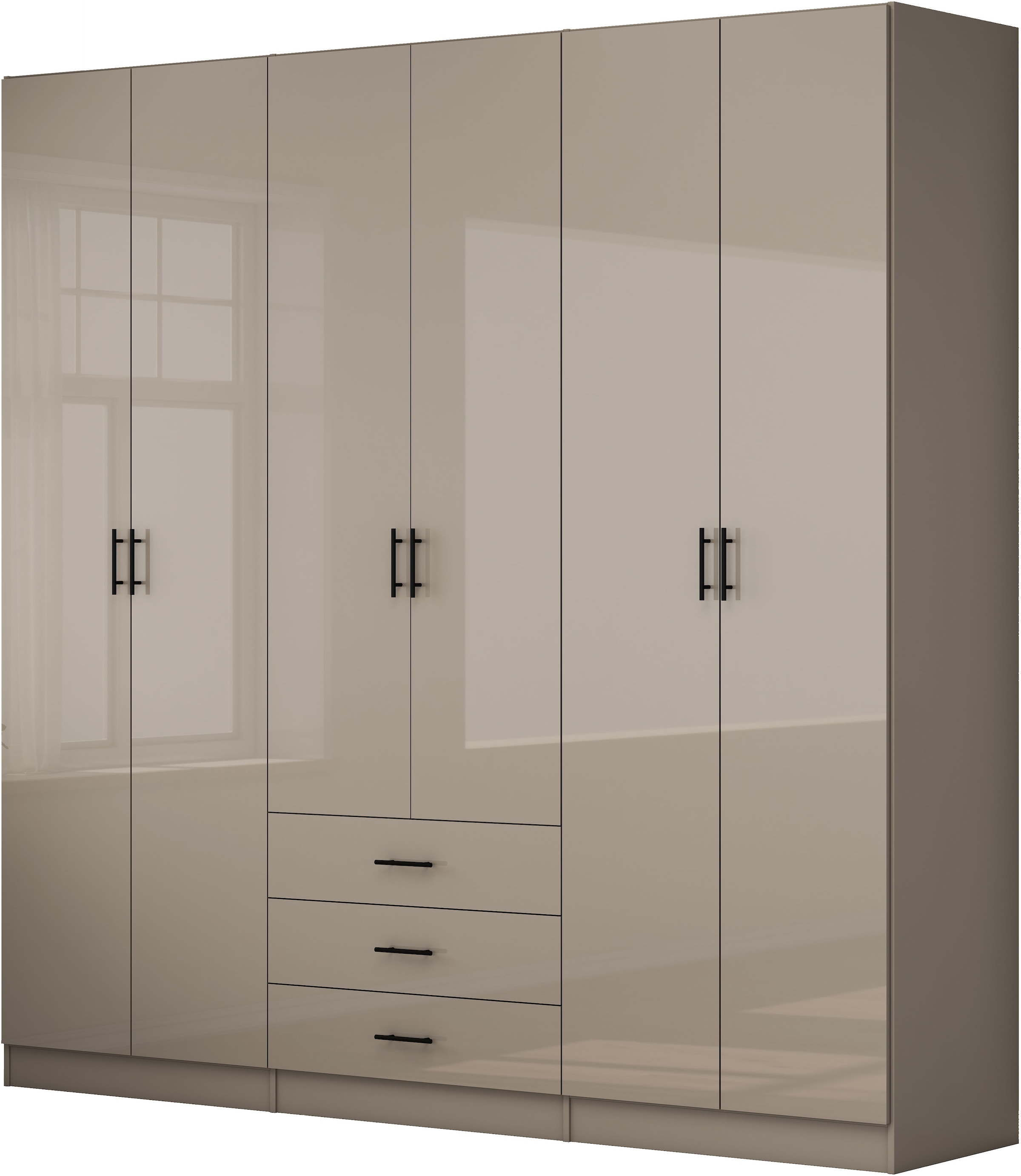 GOODproduct Kleiderschrank »Trento Schlafzimmerschrank Garderobe hochglanz« in 2 unterschiedlichen Schrankhöhen wählbar,  Schrank mit 6 Türen und 3 Schubladen, hochglanz Fronten, Höhe 2,39m